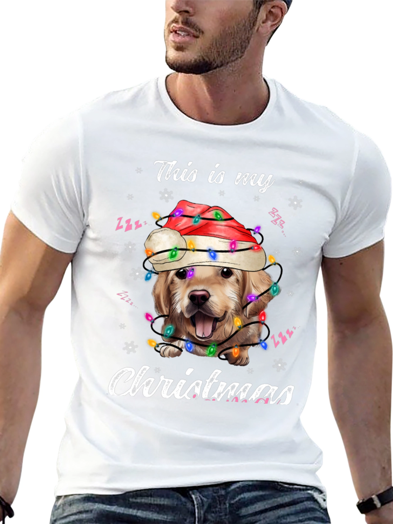 Dog Christmas T-Shirt Golden Retriever Santa Lights Tee