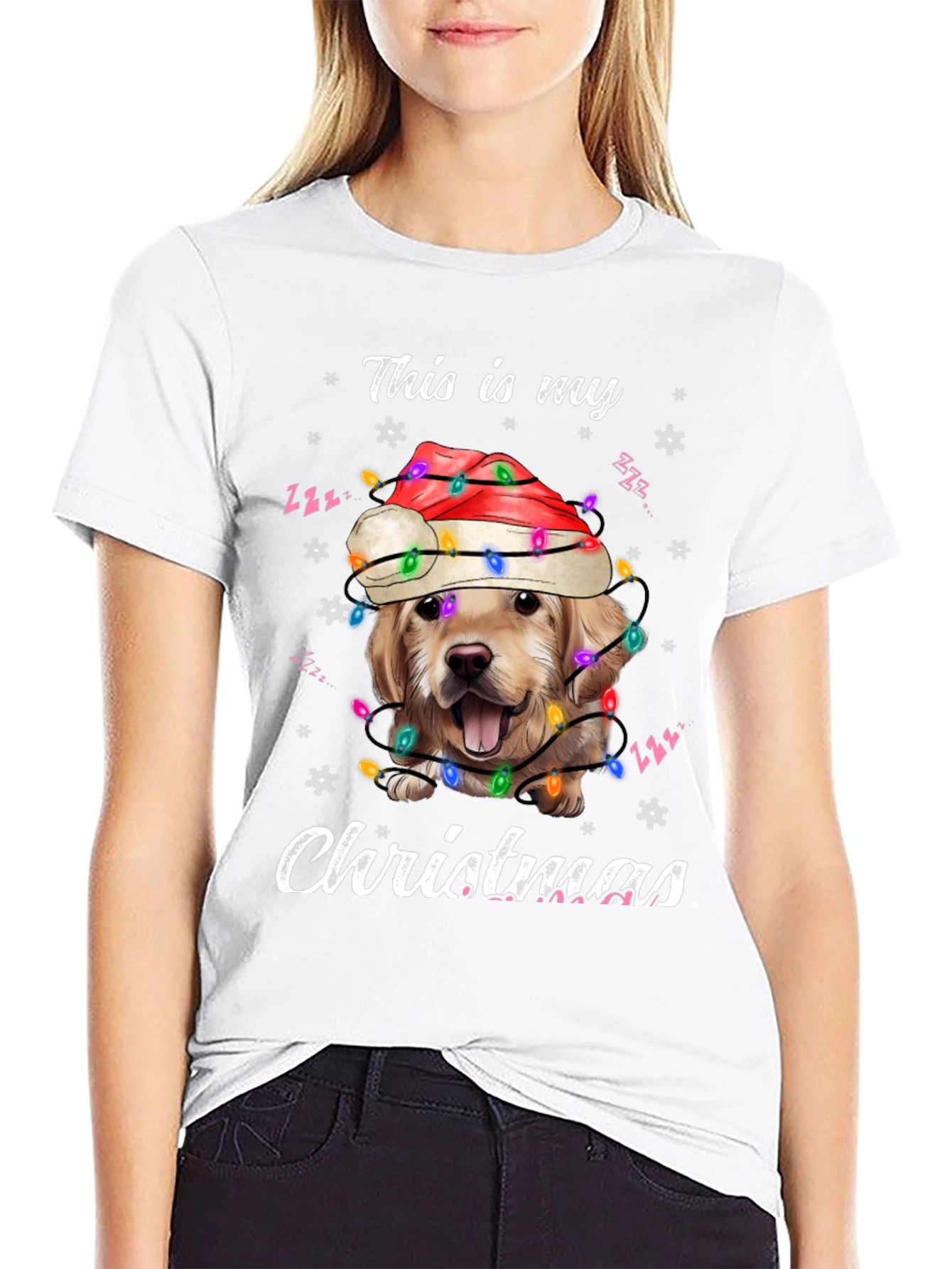 Dog Christmas T-Shirt Golden Retriever Santa Lights Tee