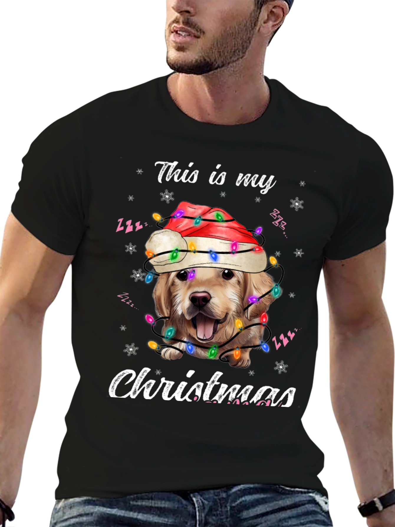 Dog Christmas T-Shirt Golden Retriever Santa Lights Tee
