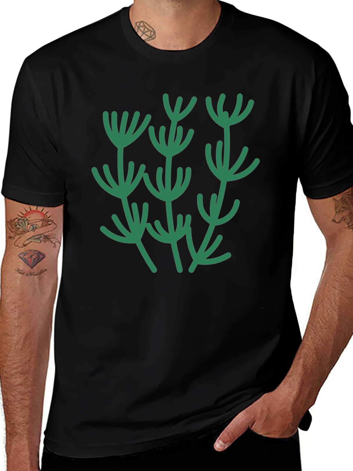 Abstract Botanical Green Plant Graphic T-Shirt