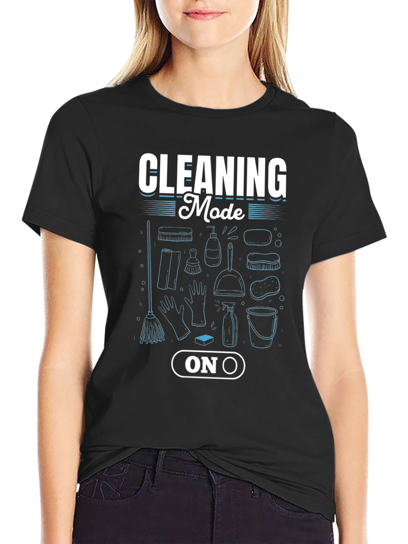 Cleaning Mode On Black Graphic T-Shirt