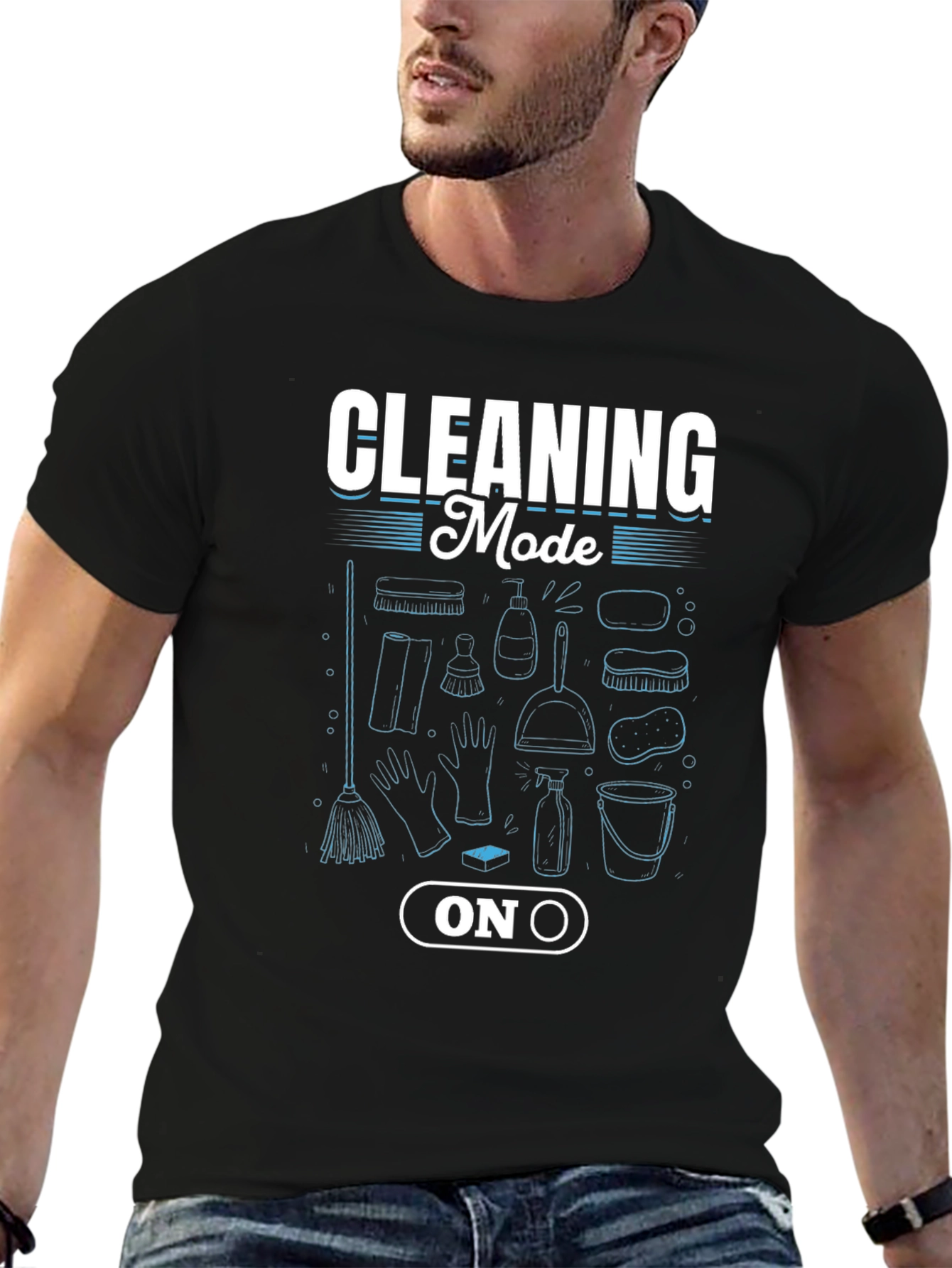 Cleaning Mode On Black Graphic T-Shirt