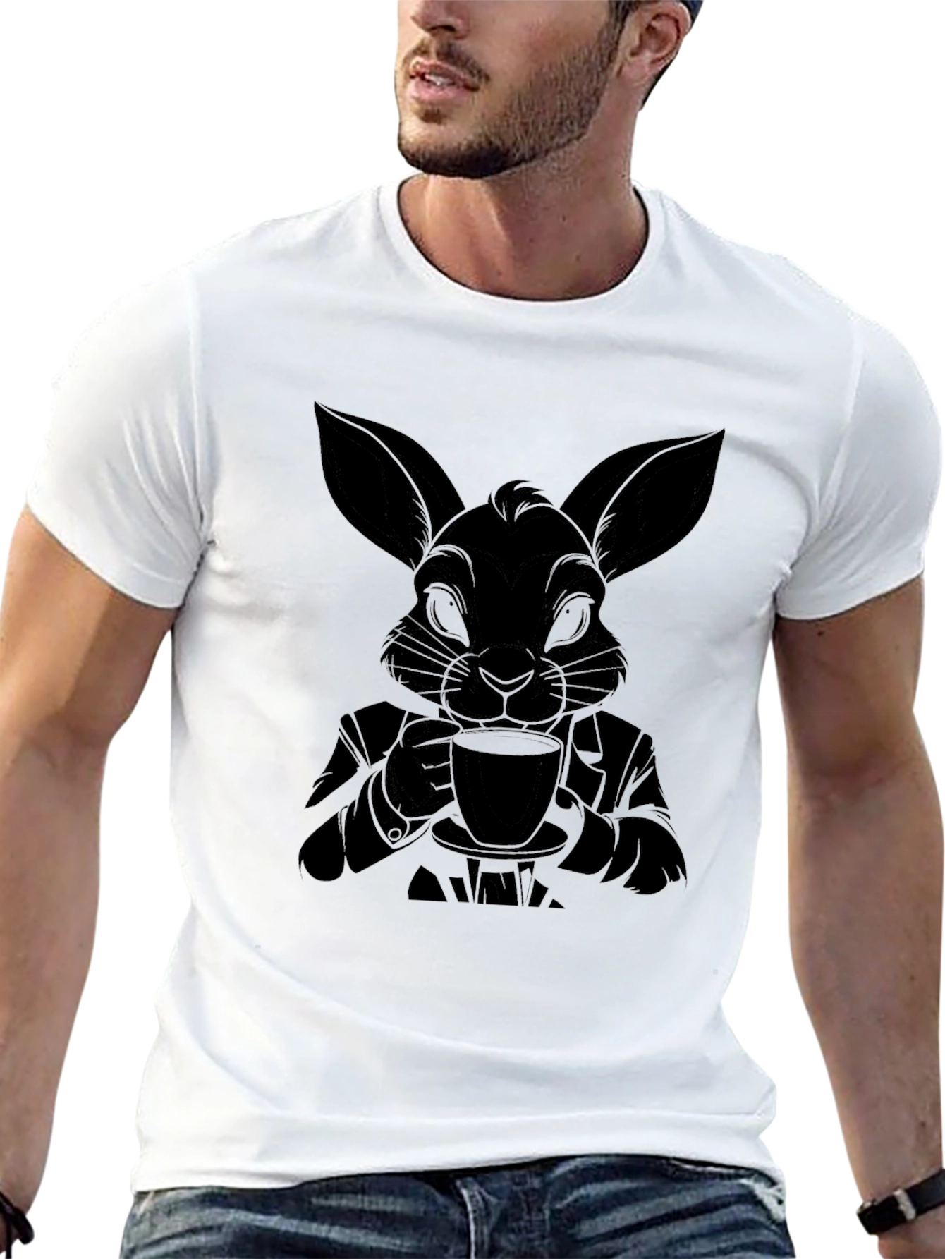 Rabbit Sipping Tea Graphic Tee - Black