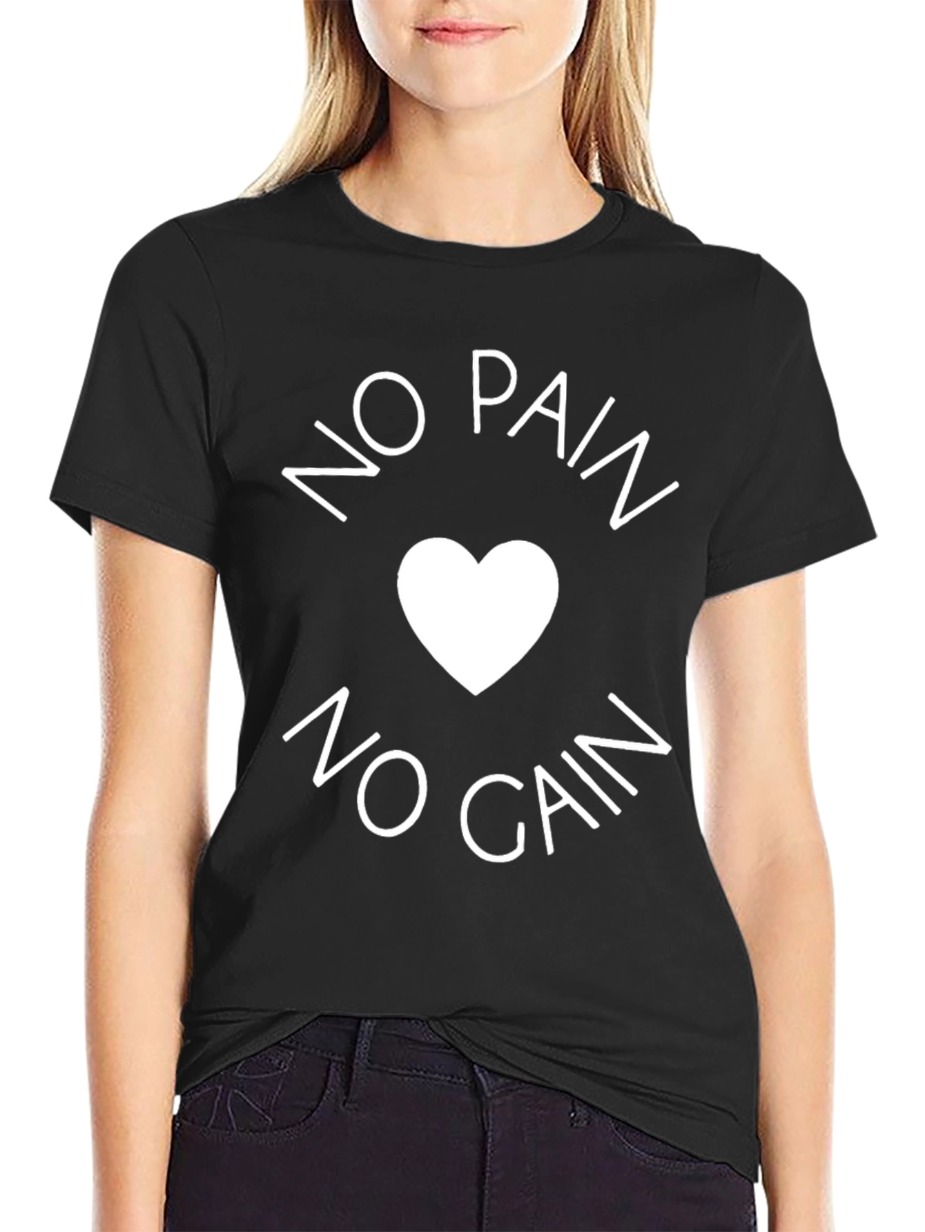 No Pain No Gain Black T-Shirt - Heart Design