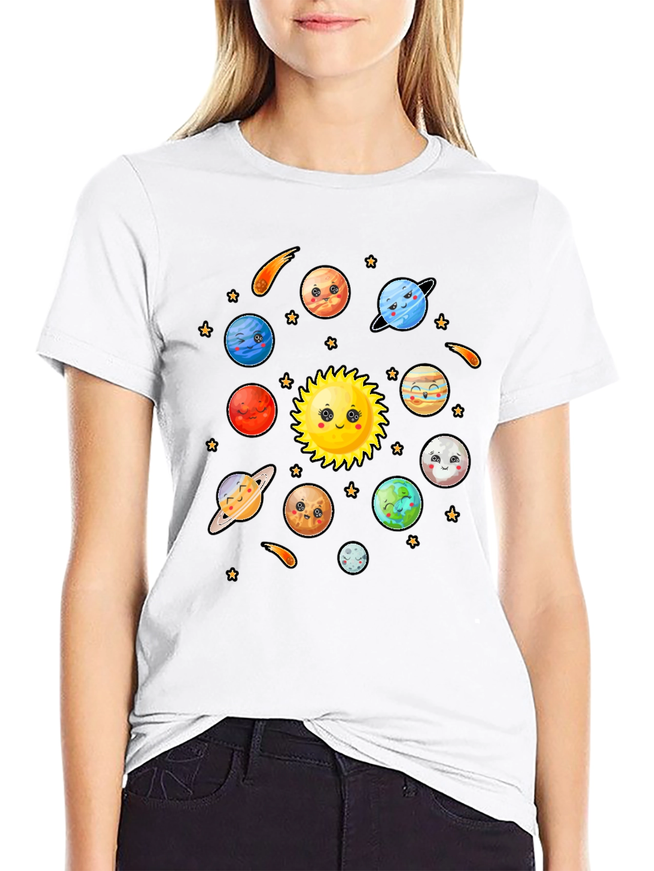 Cute Cartoon Planets Solar System Black T-Shirt