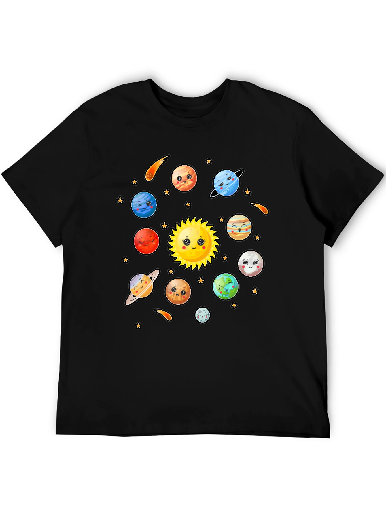 Cute Cartoon Planets Solar System Black T-Shirt
