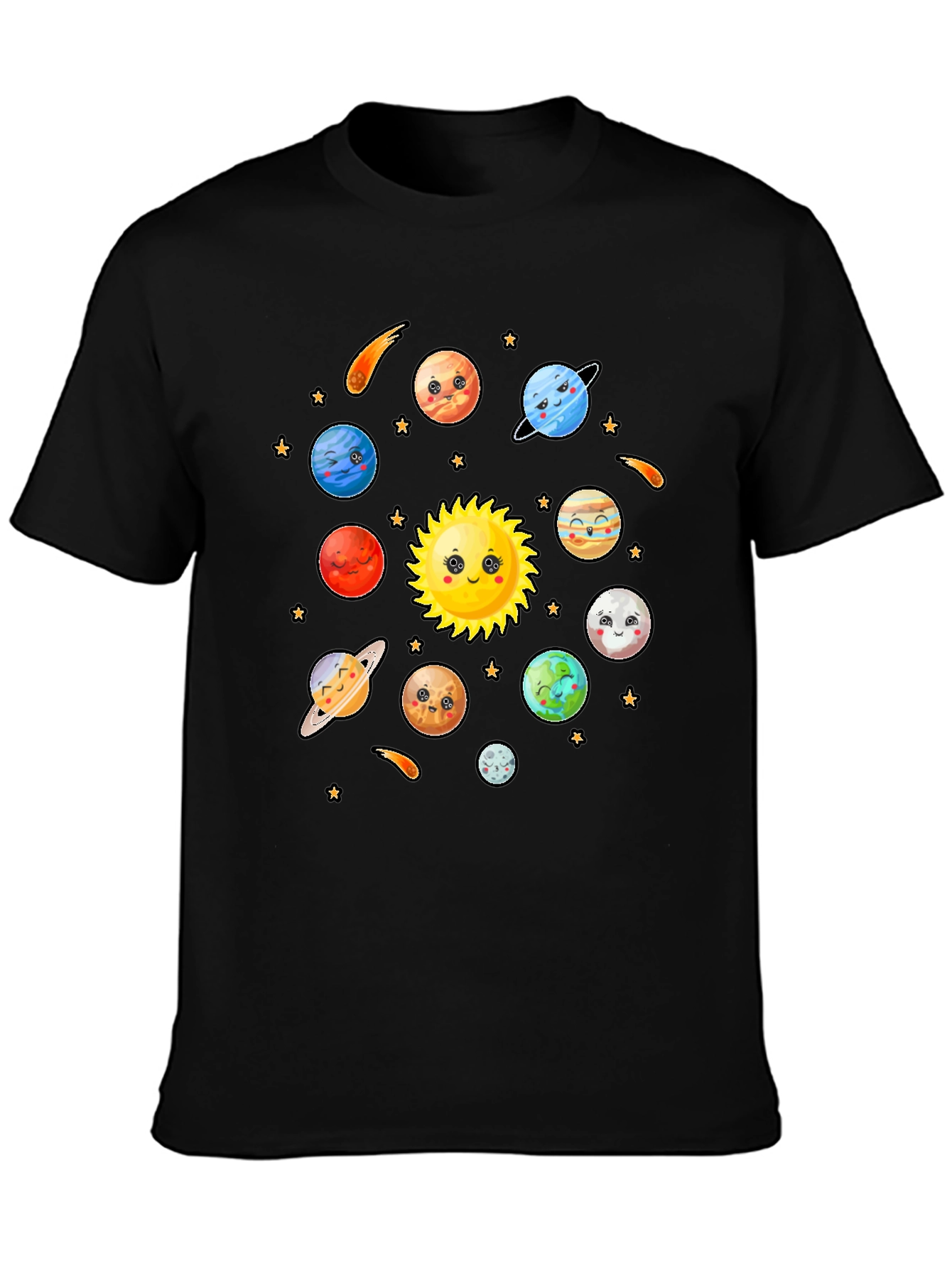 Cute Cartoon Planets Solar System Black T-Shirt