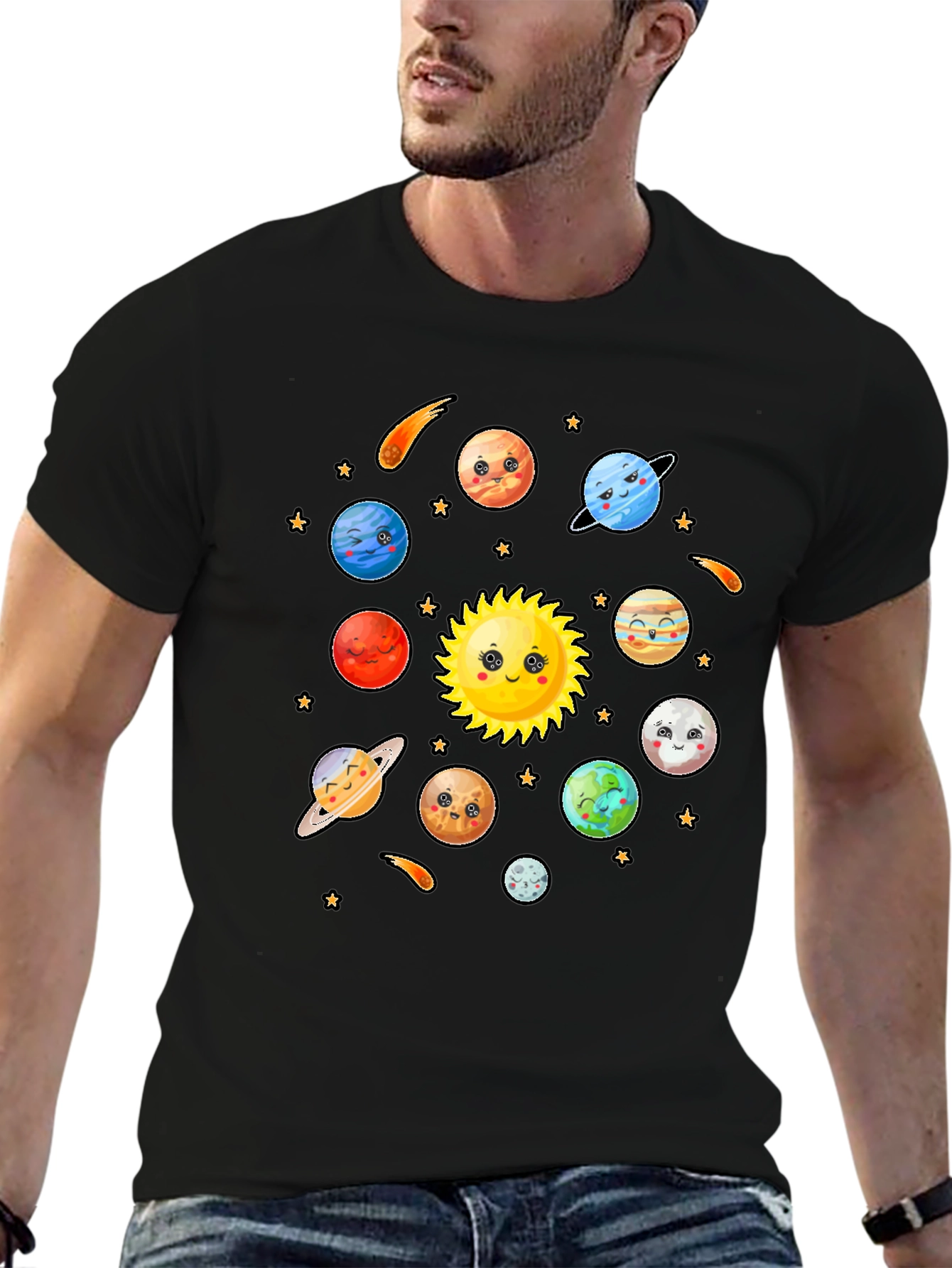Cute Cartoon Planets Solar System Black T-Shirt