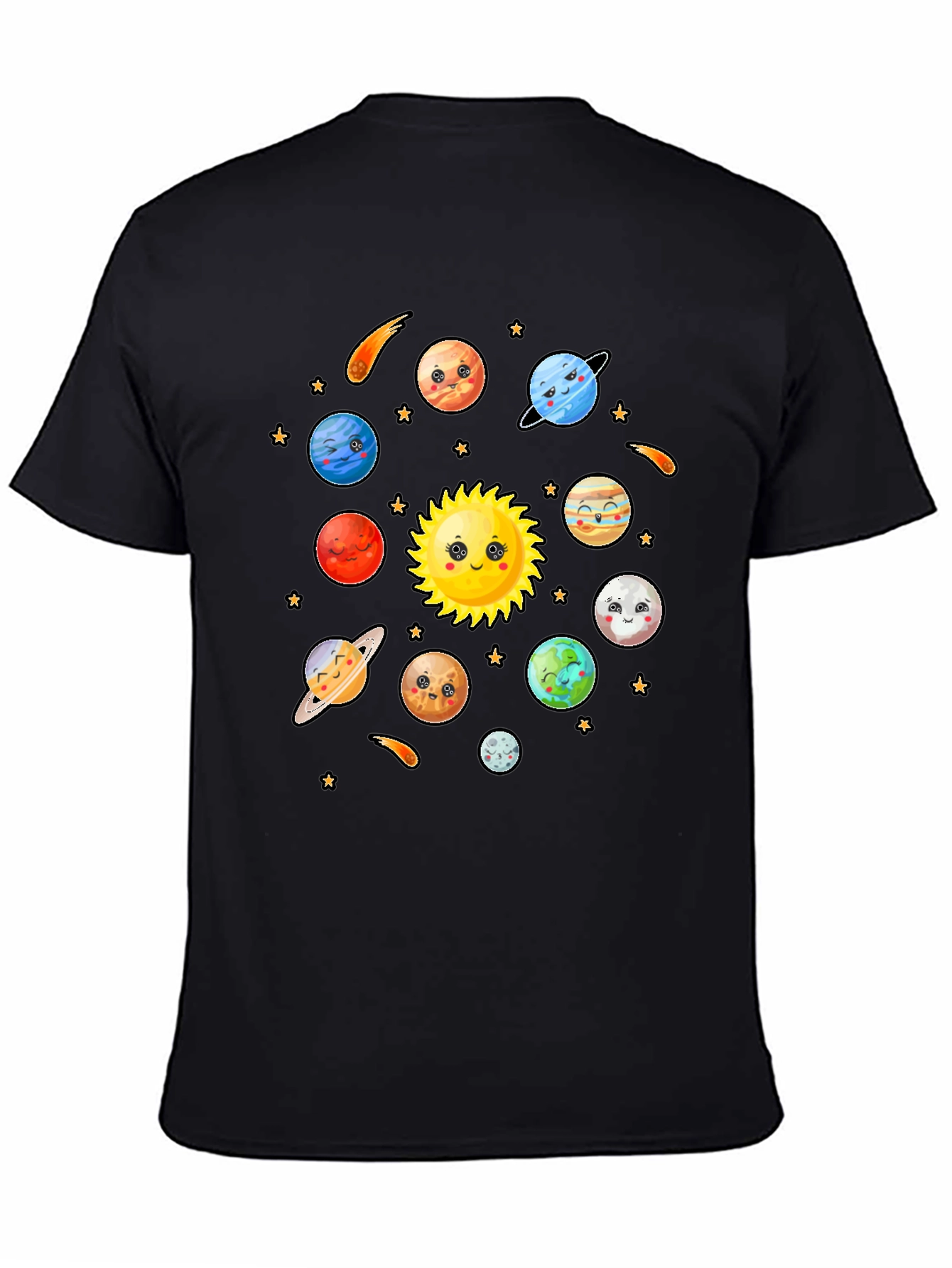 Cute Cartoon Planets Solar System Black T-Shirt