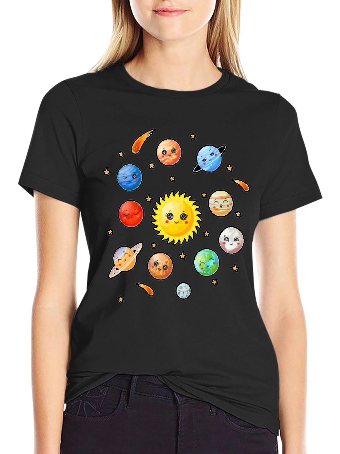 Cute Cartoon Planets Solar System Black T-Shirt
