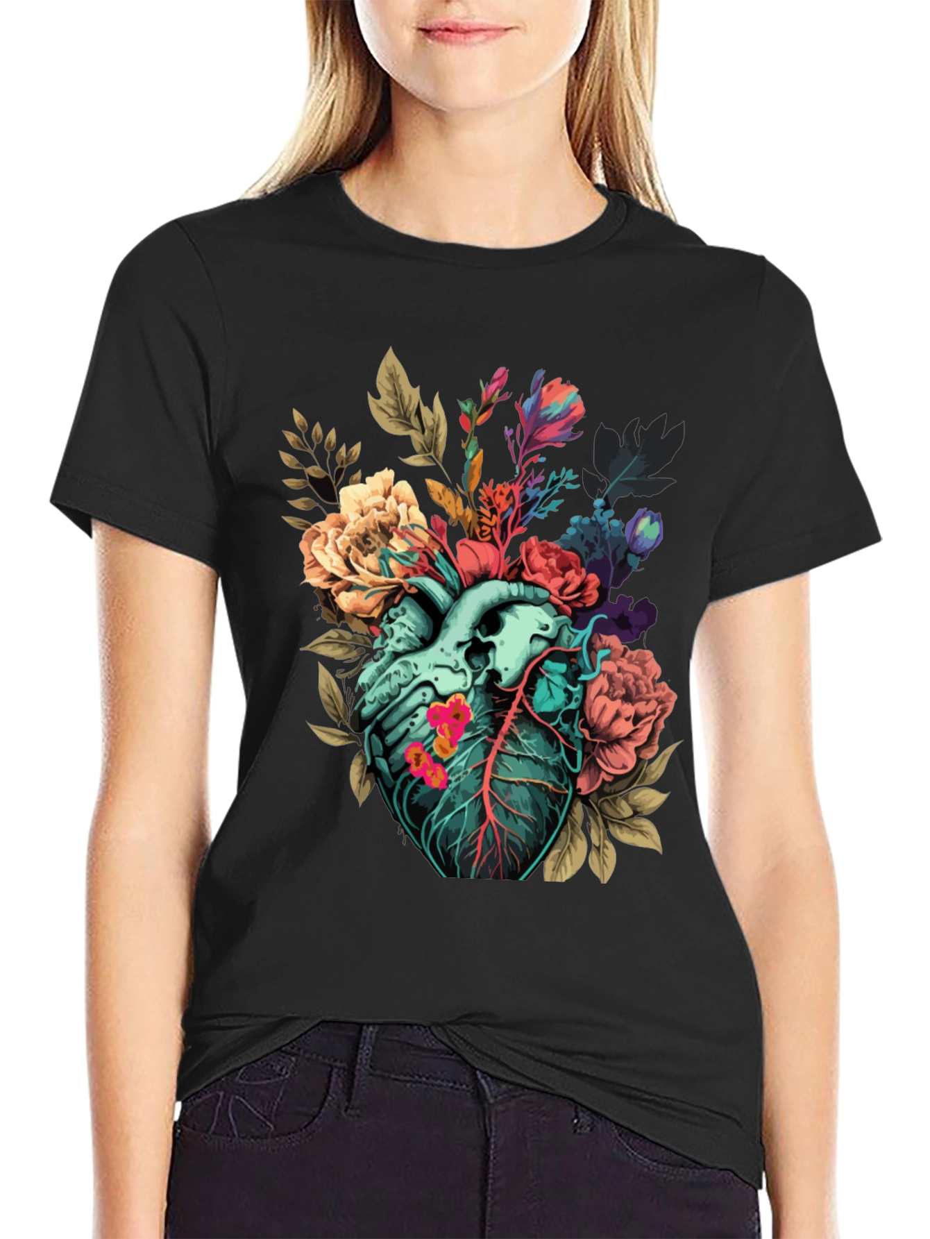 Floral Heart Print T-Shirt - Unique Anatomical Art