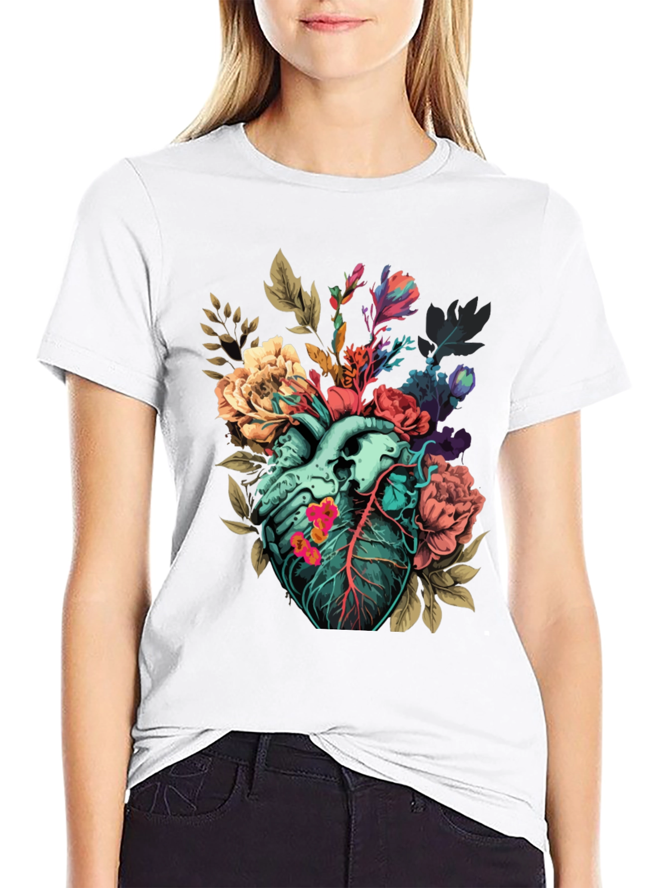 Floral Heart Print T-Shirt - Unique Anatomical Art