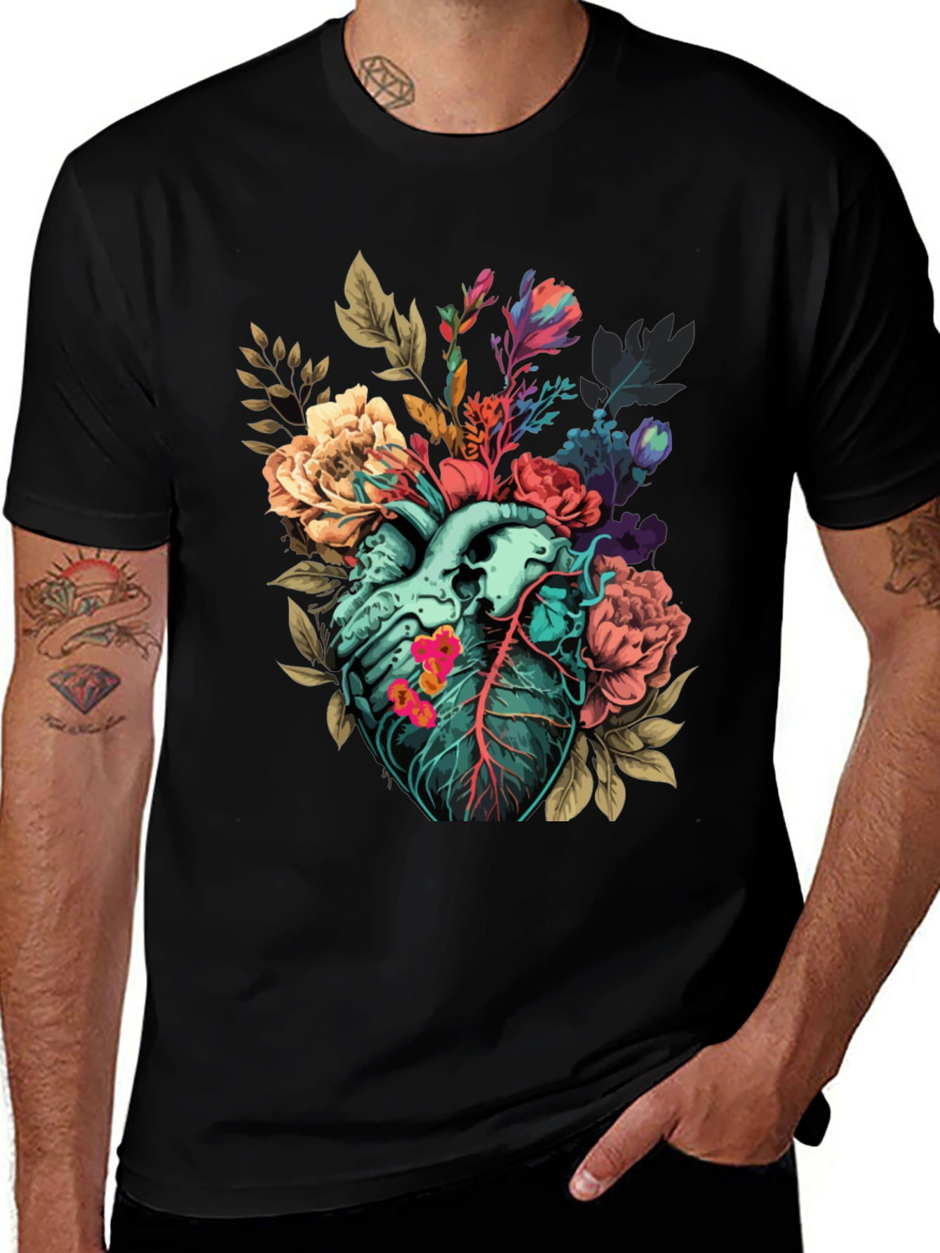 Floral Heart Print T-Shirt - Unique Anatomical Art