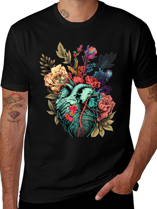 Floral Heart Print T-Shirt - Unique Anatomical Art