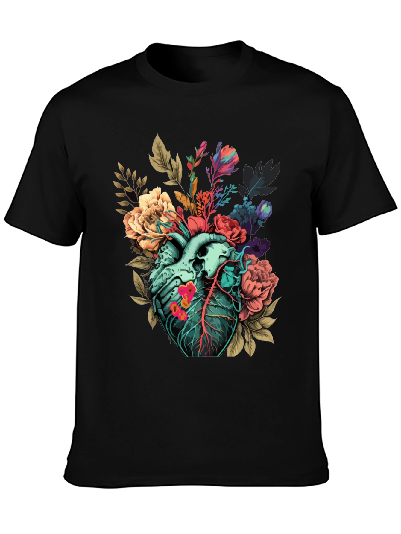 Floral Heart Print T-Shirt - Unique Anatomical Art