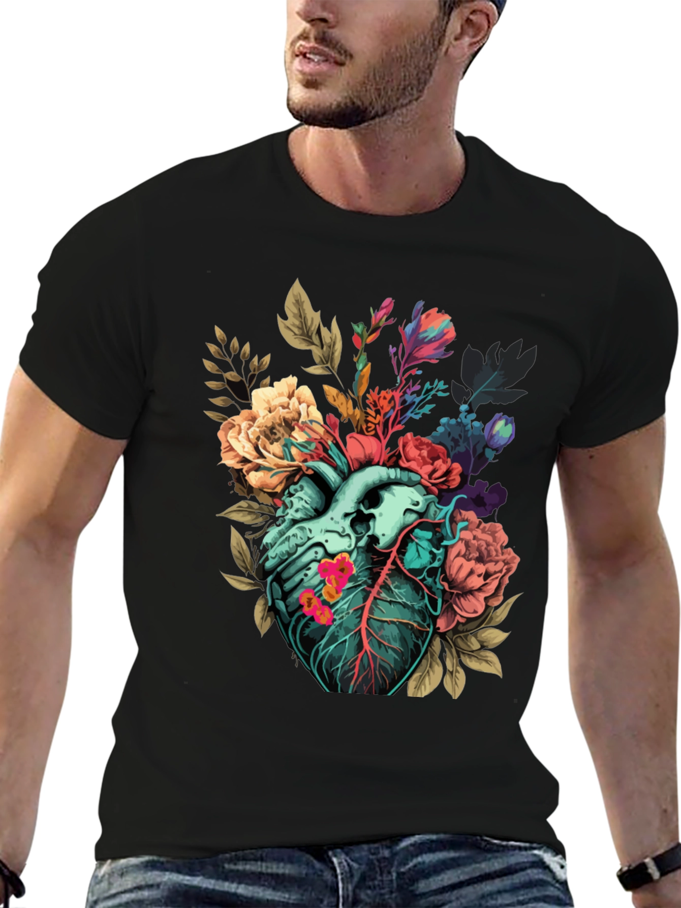Floral Heart Print T-Shirt - Unique Anatomical Art