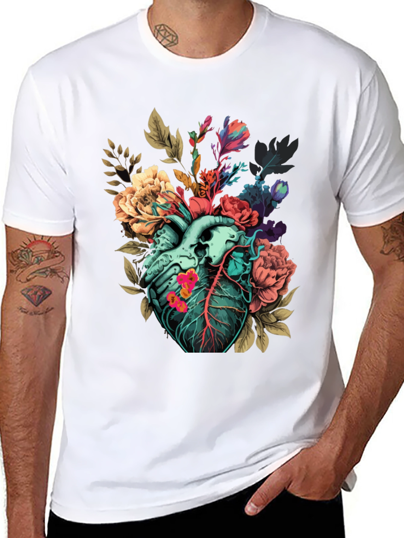 Floral Heart Print T-Shirt - Unique Anatomical Art