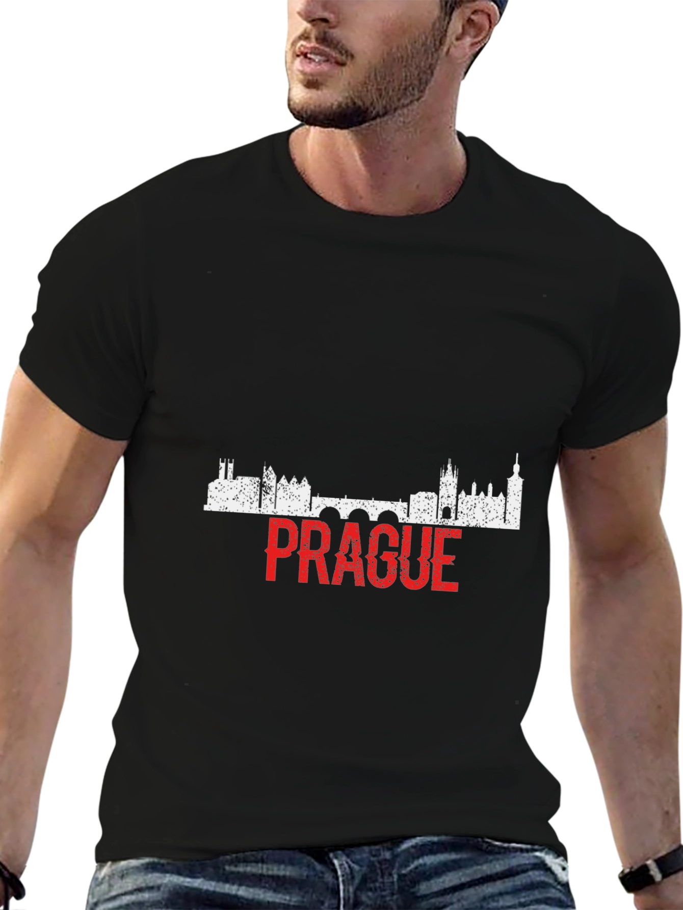 Prague Skyline Graphic T-Shirt - Black Cotton Tee