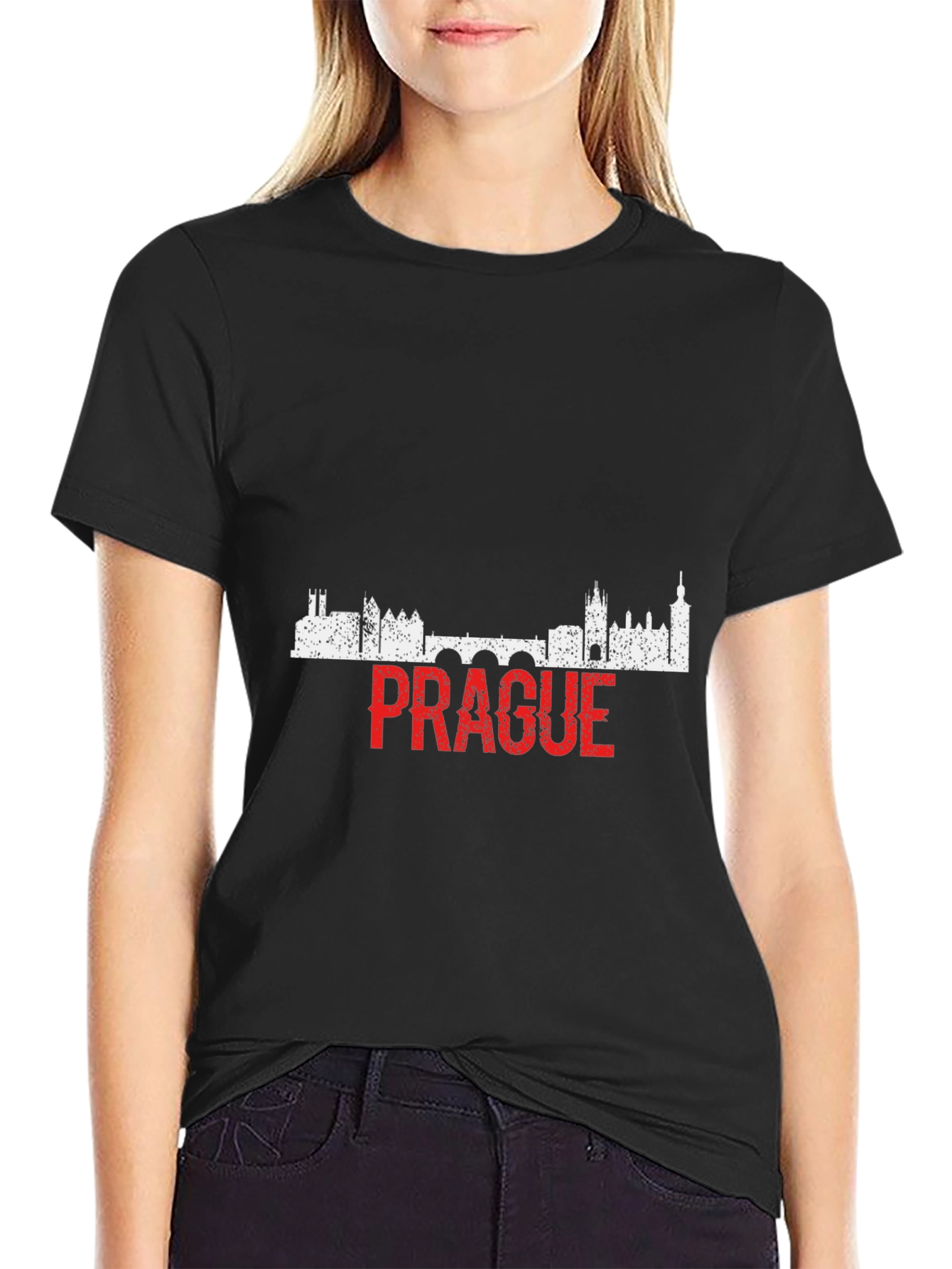 Prague Skyline Graphic T-Shirt - Black Cotton Tee