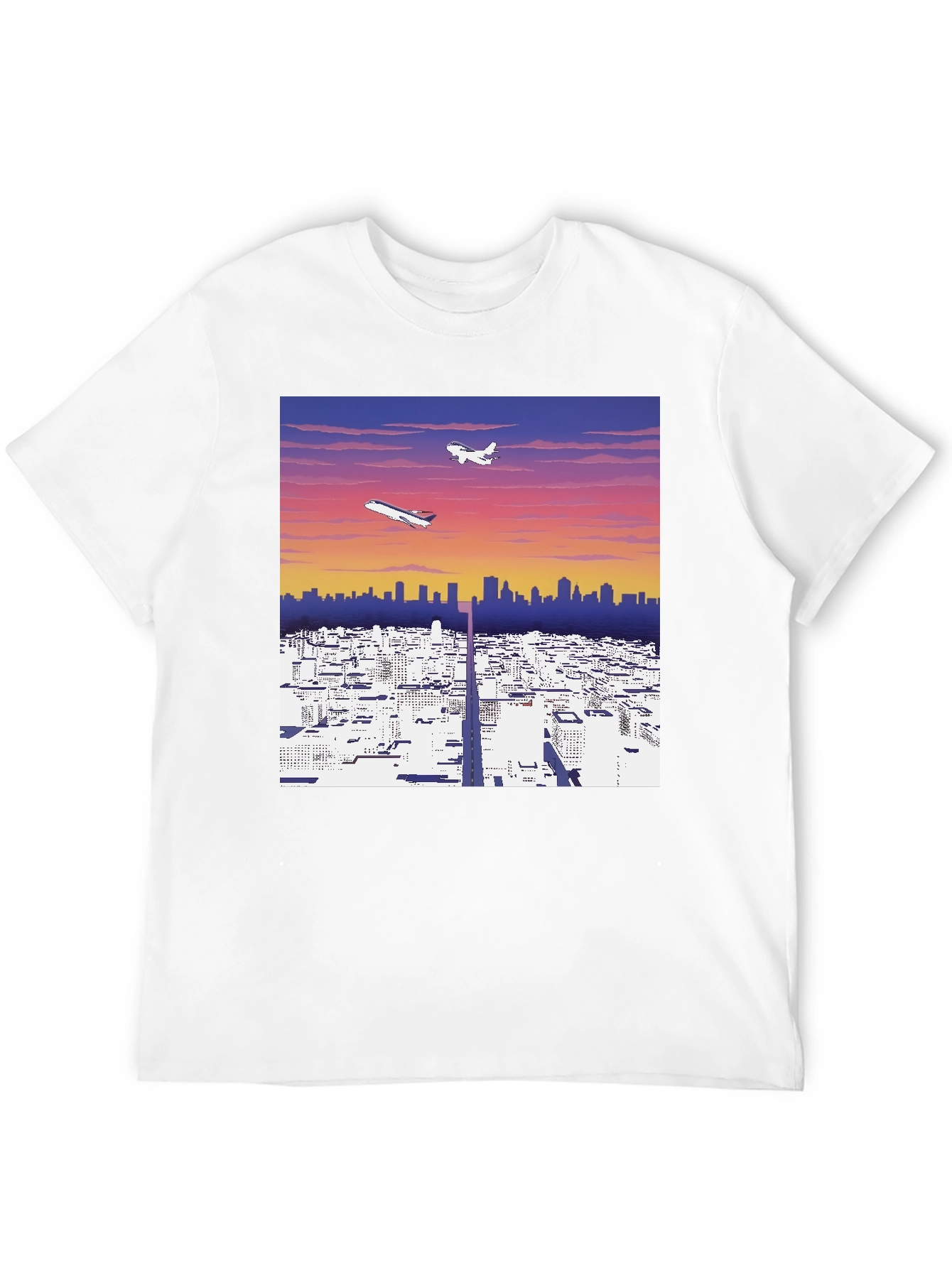 Cityscape Airplane Graphic Tee - Stylish Black T-Shirt