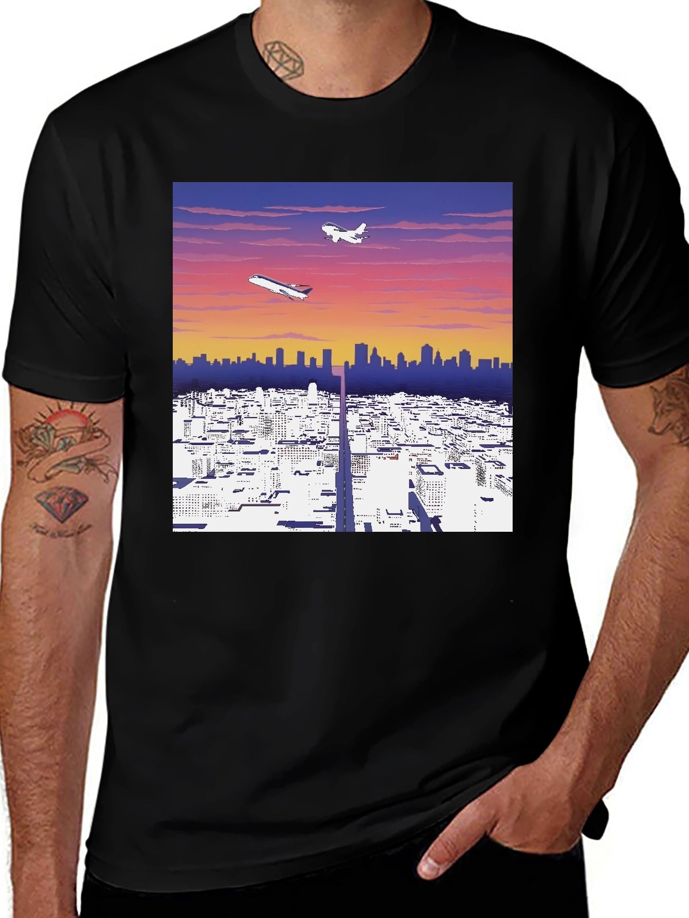 Cityscape Airplane Graphic Tee - Stylish Black T-Shirt
