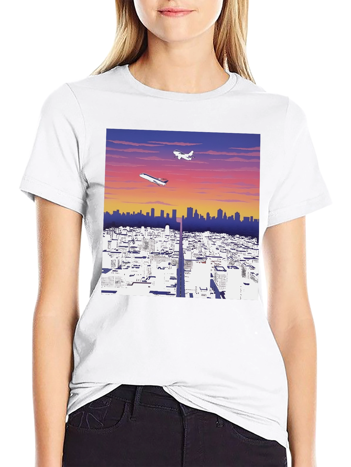 Cityscape Airplane Graphic Tee - Stylish Black T-Shirt
