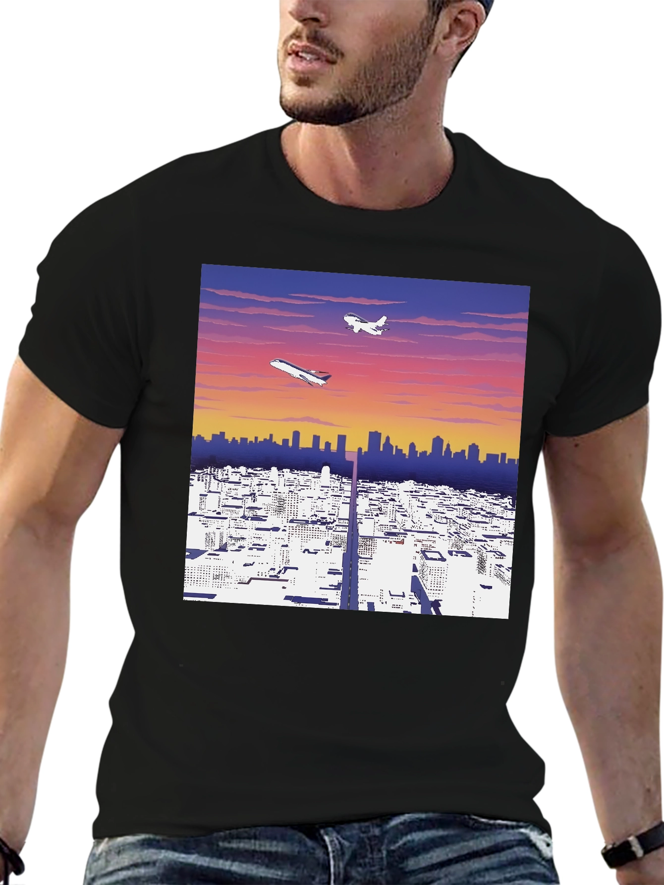 Cityscape Airplane Graphic Tee - Stylish Black T-Shirt