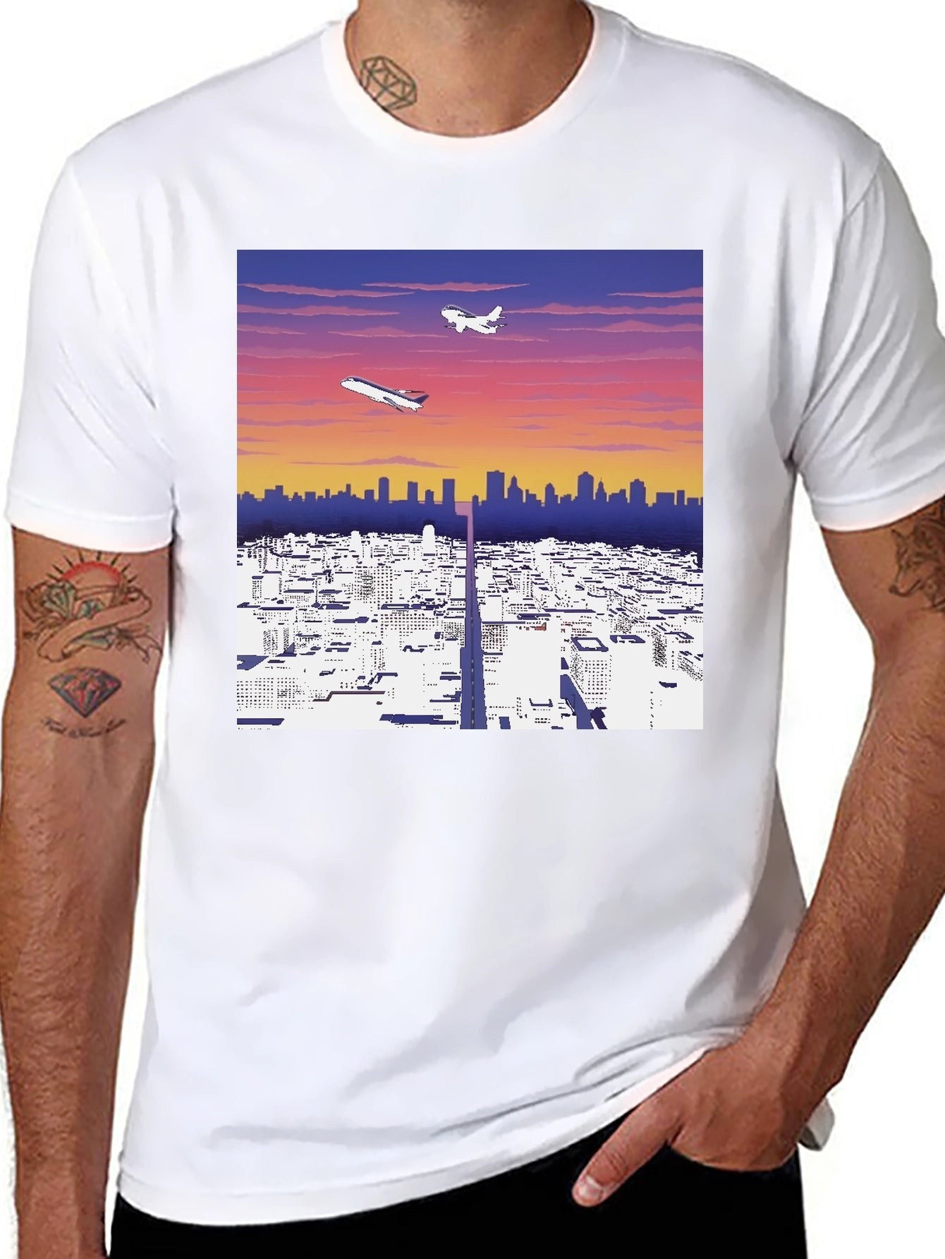 Cityscape Airplane Graphic Tee - Stylish Black T-Shirt