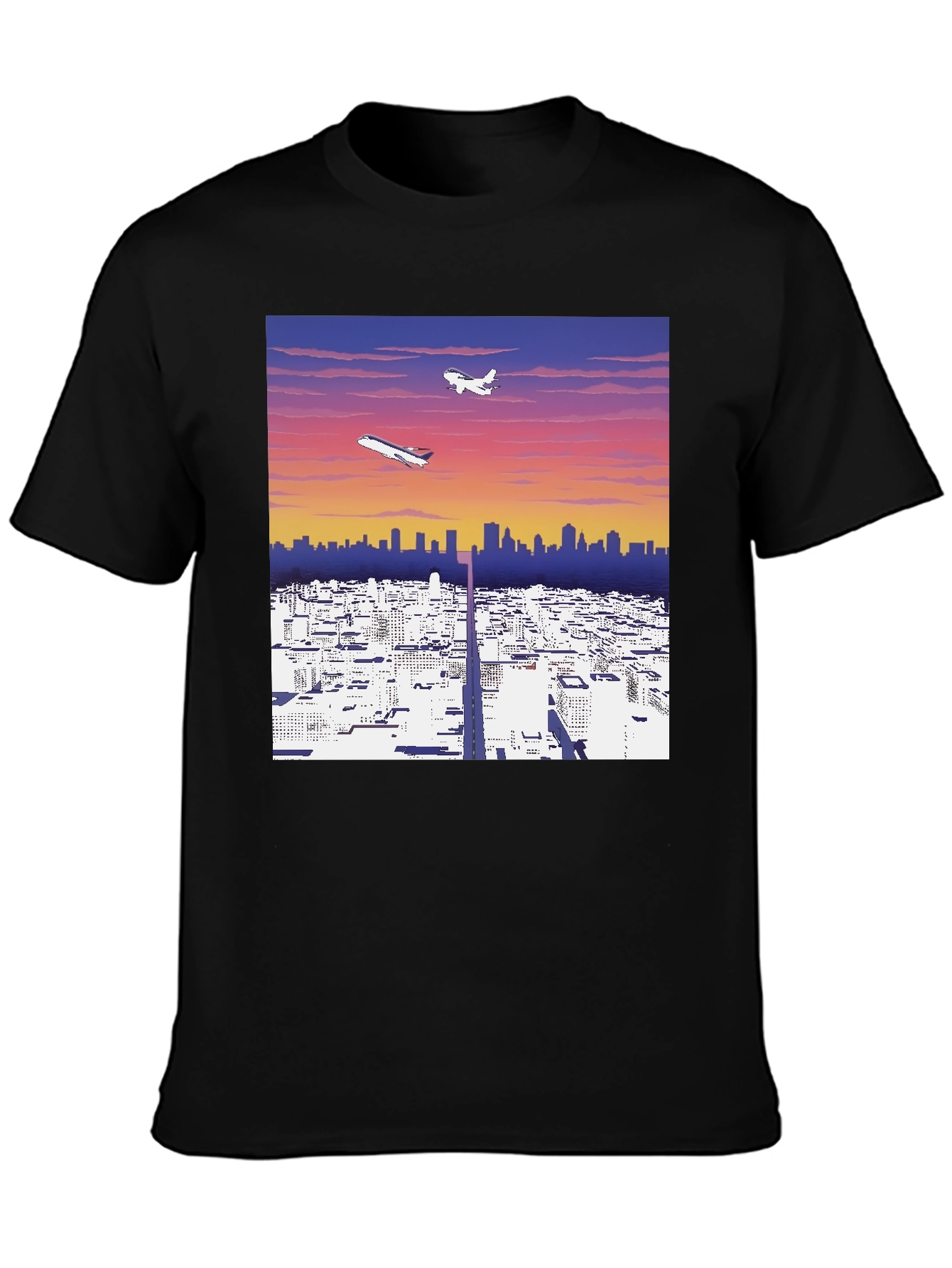 Cityscape Airplane Graphic Tee - Stylish Black T-Shirt