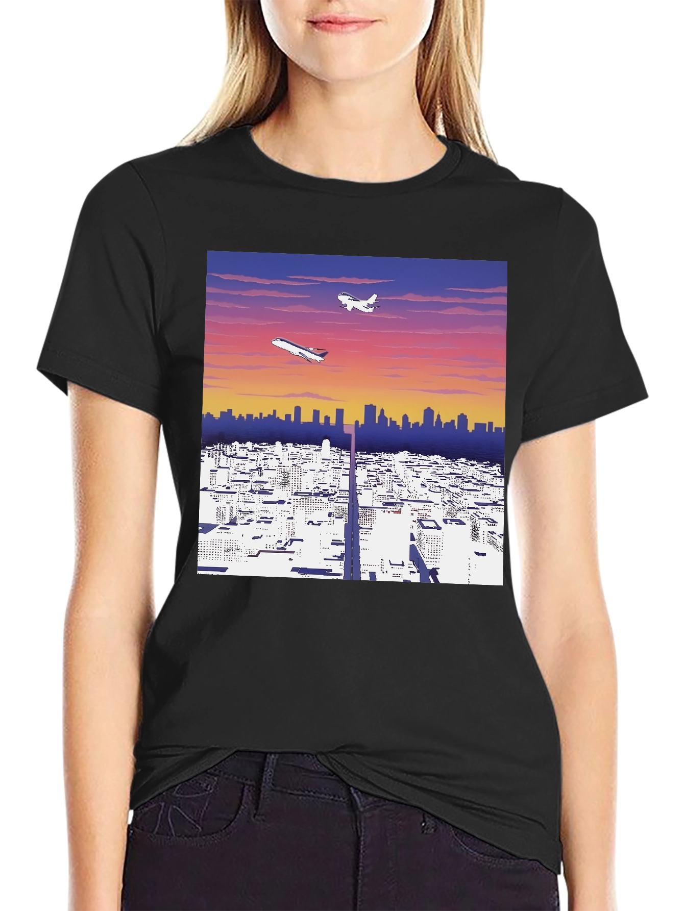 Cityscape Airplane Graphic Tee - Stylish Black T-Shirt