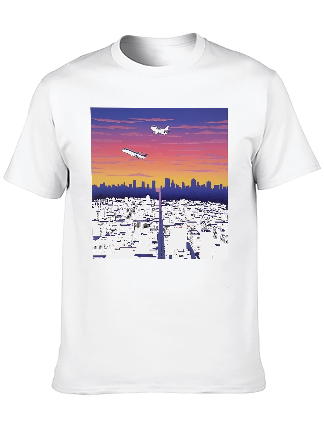 Cityscape Airplane Graphic Tee - Stylish Black T-Shirt
