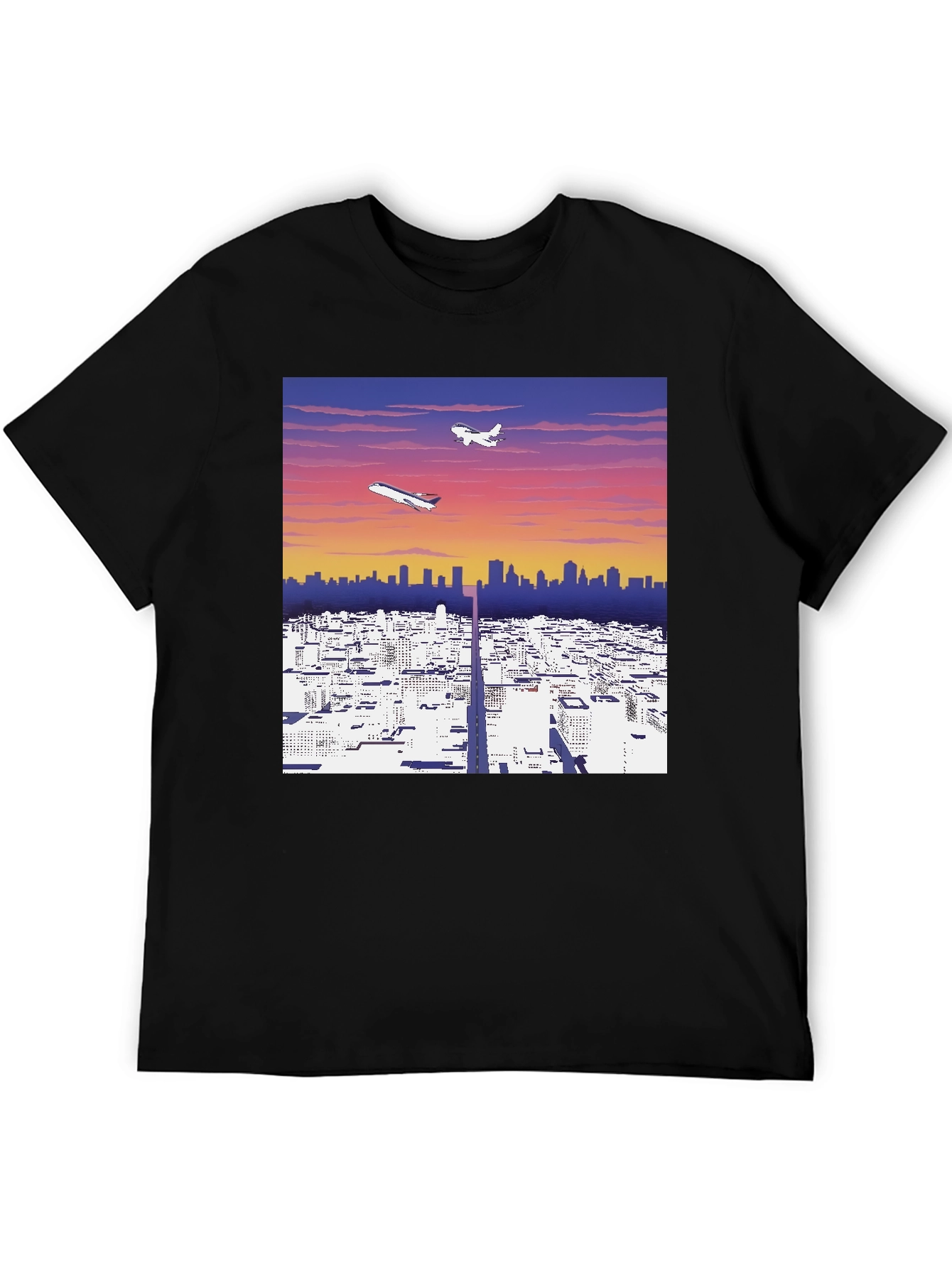 Cityscape Airplane Graphic Tee - Stylish Black T-Shirt