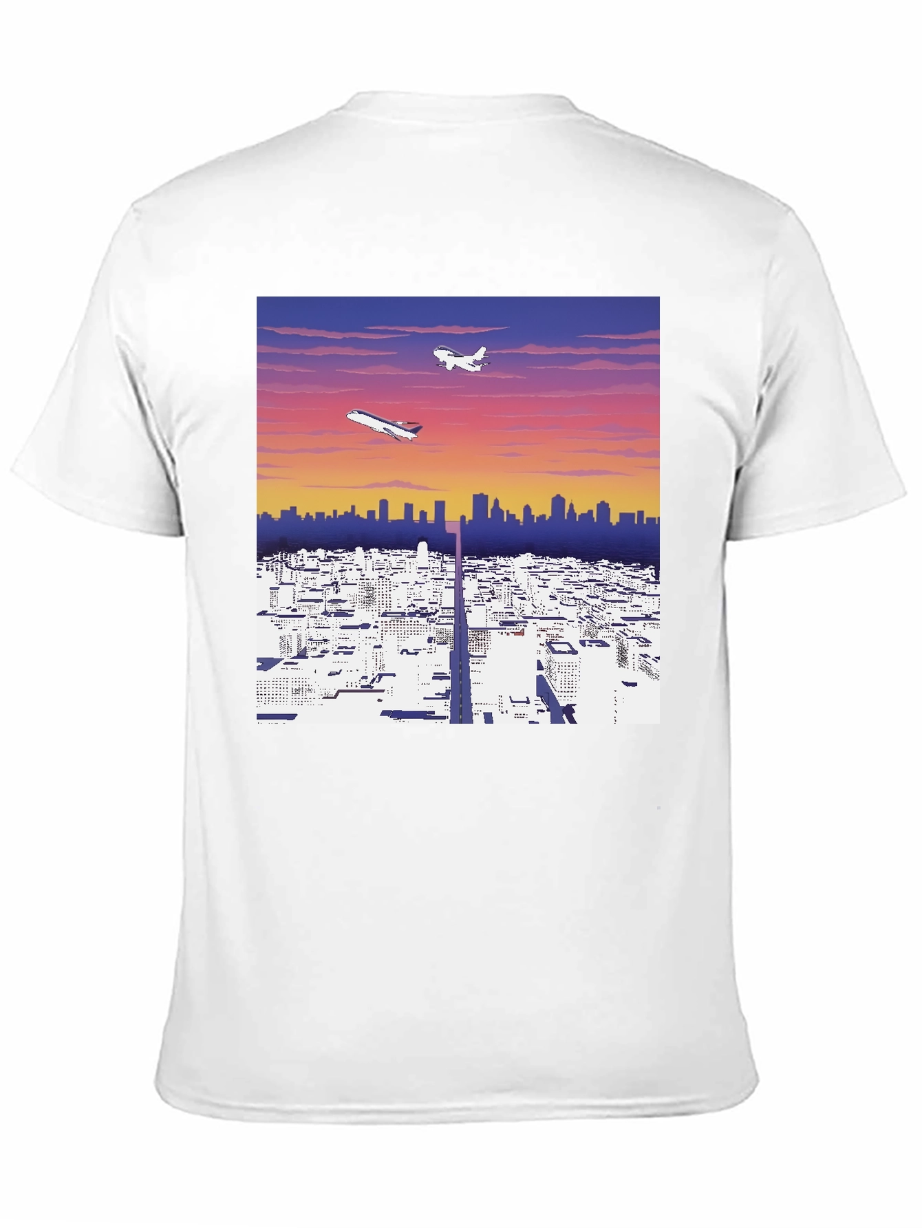 Cityscape Airplane Graphic Tee - Stylish Black T-Shirt