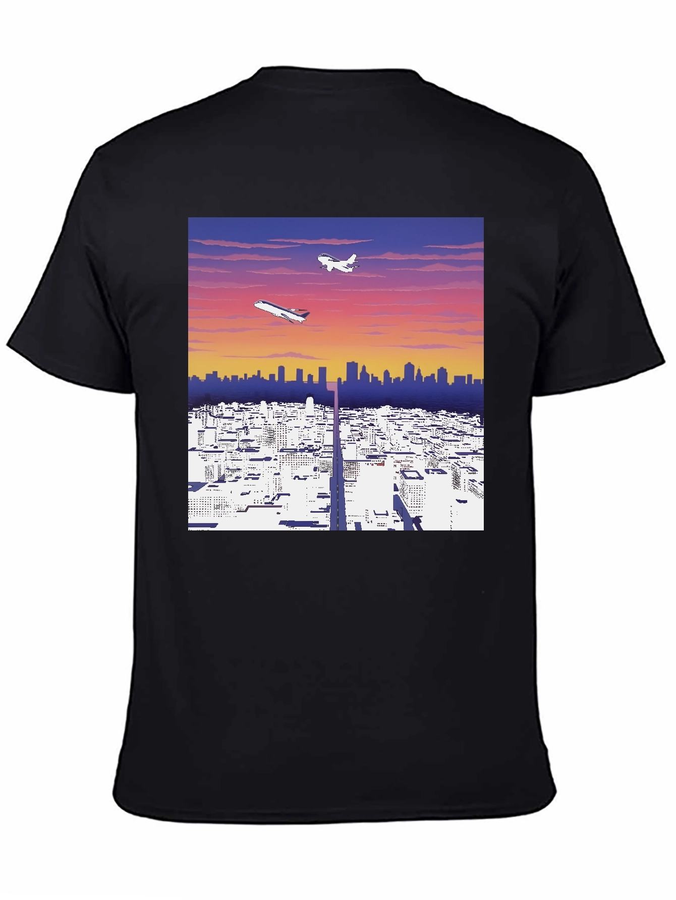 Cityscape Airplane Graphic Tee - Stylish Black T-Shirt