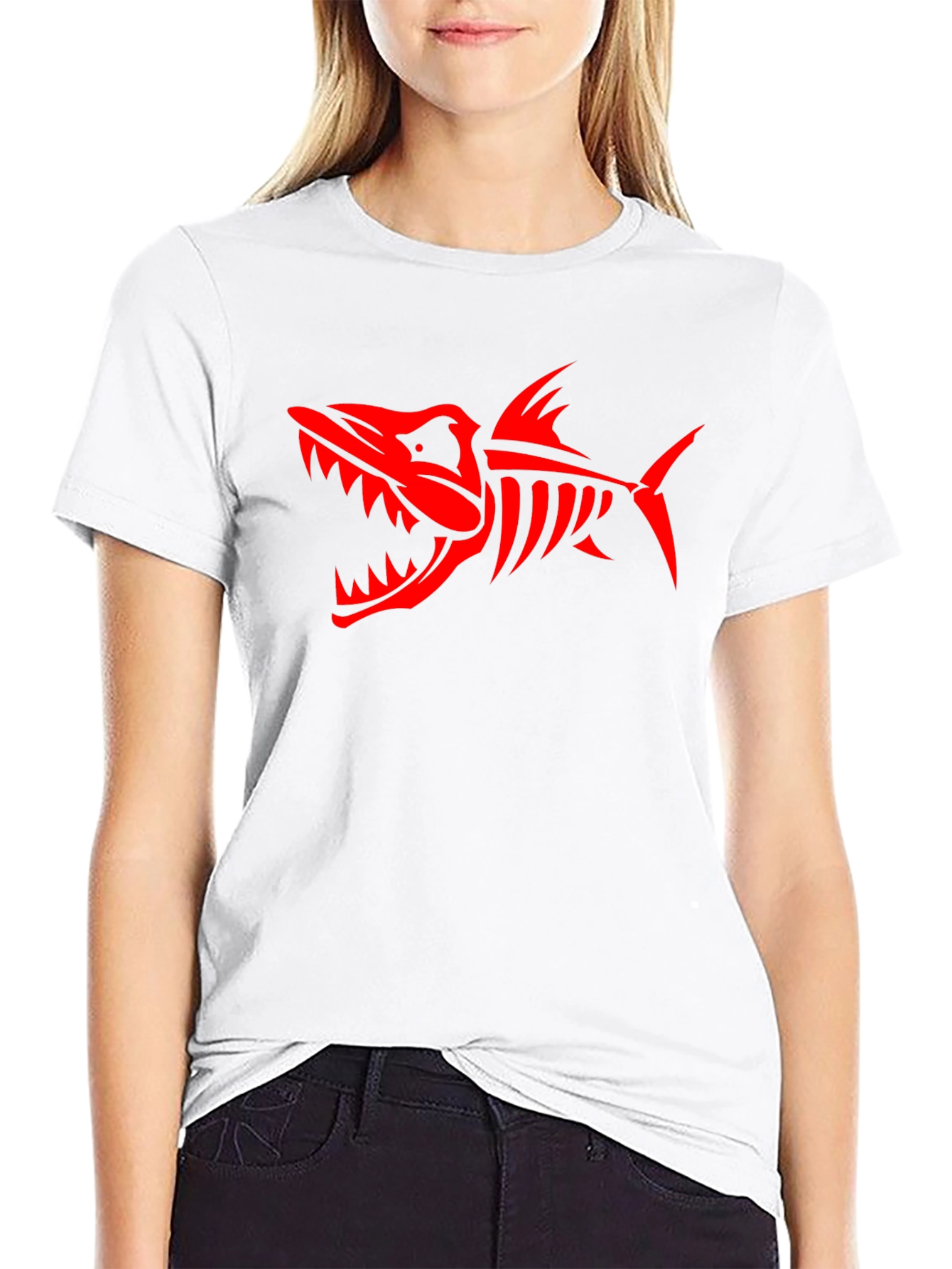 Mens Black T-Shirt with Red Shark Skeleton Design