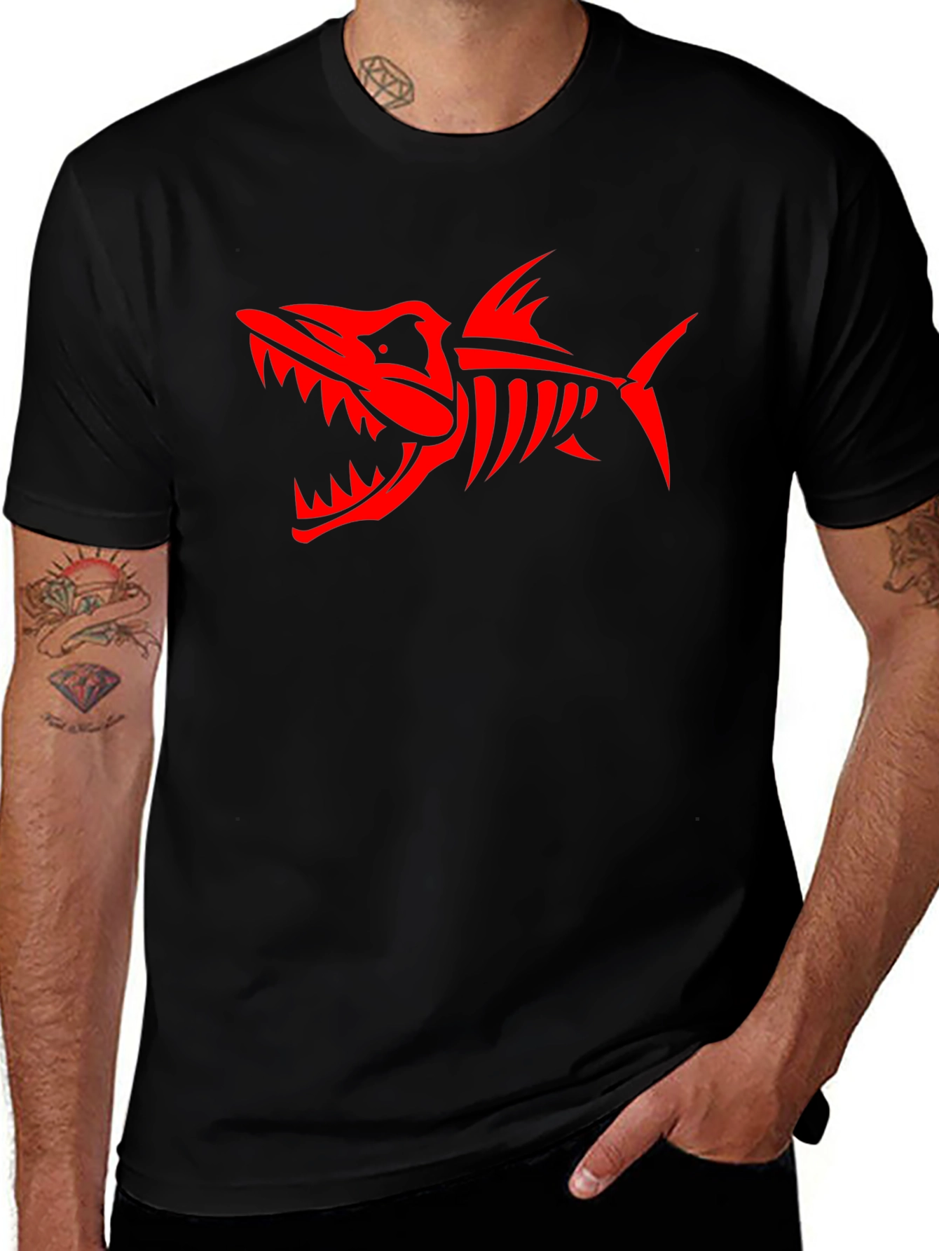 Mens Black T-Shirt with Red Shark Skeleton Design