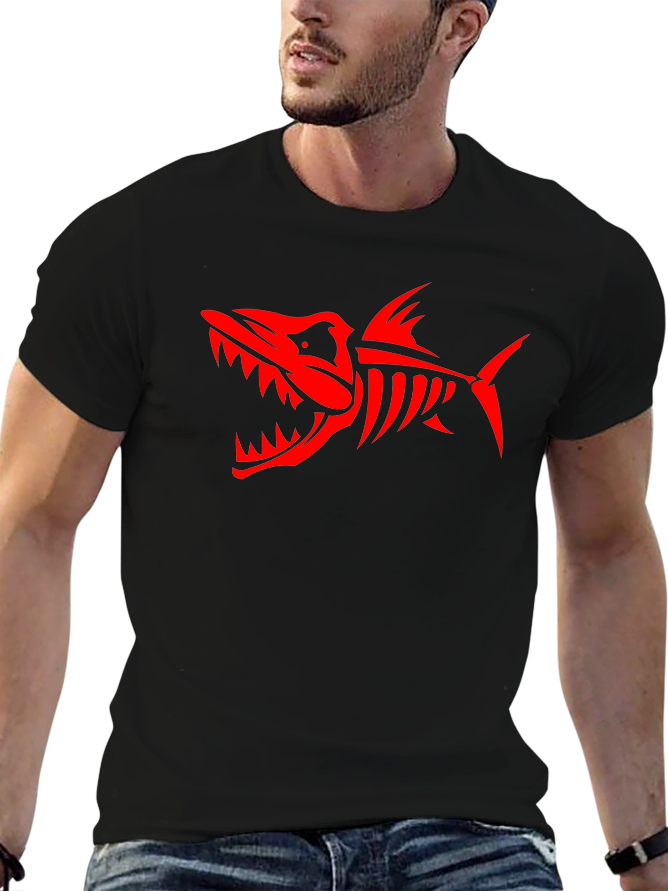 Mens Black T-Shirt with Red Shark Skeleton Design