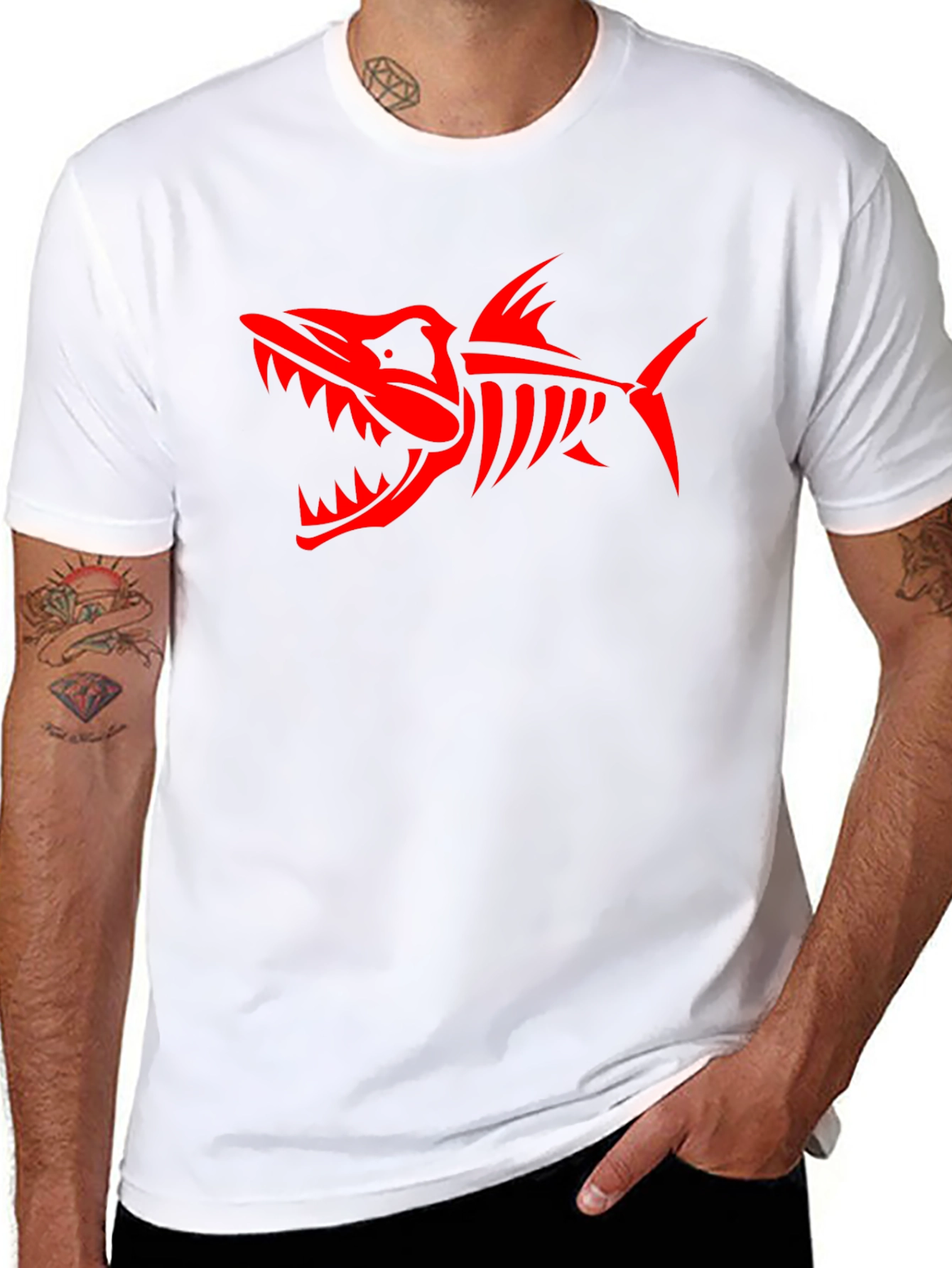Mens Black T-Shirt with Red Shark Skeleton Design