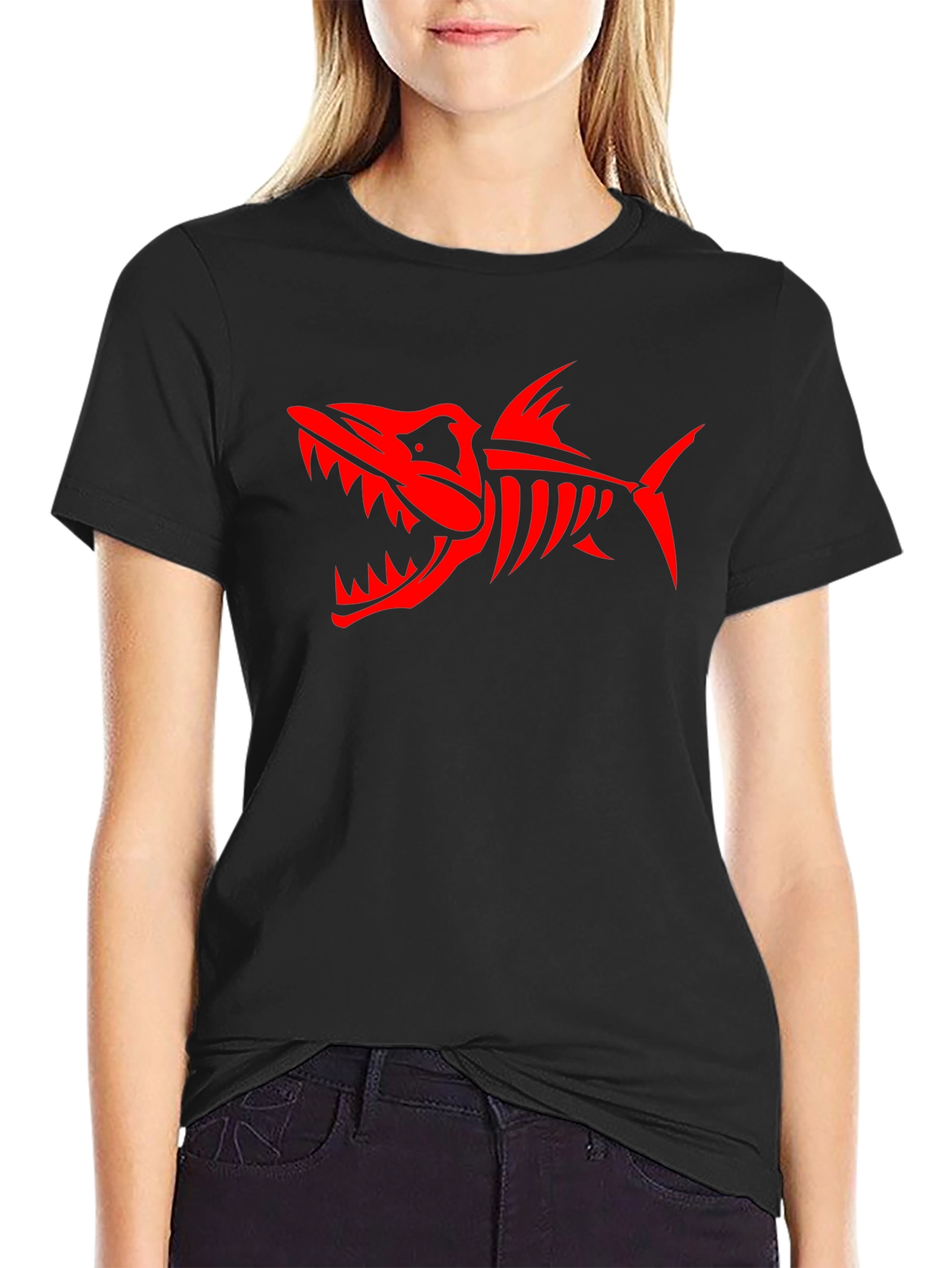 Mens Black T-Shirt with Red Shark Skeleton Design