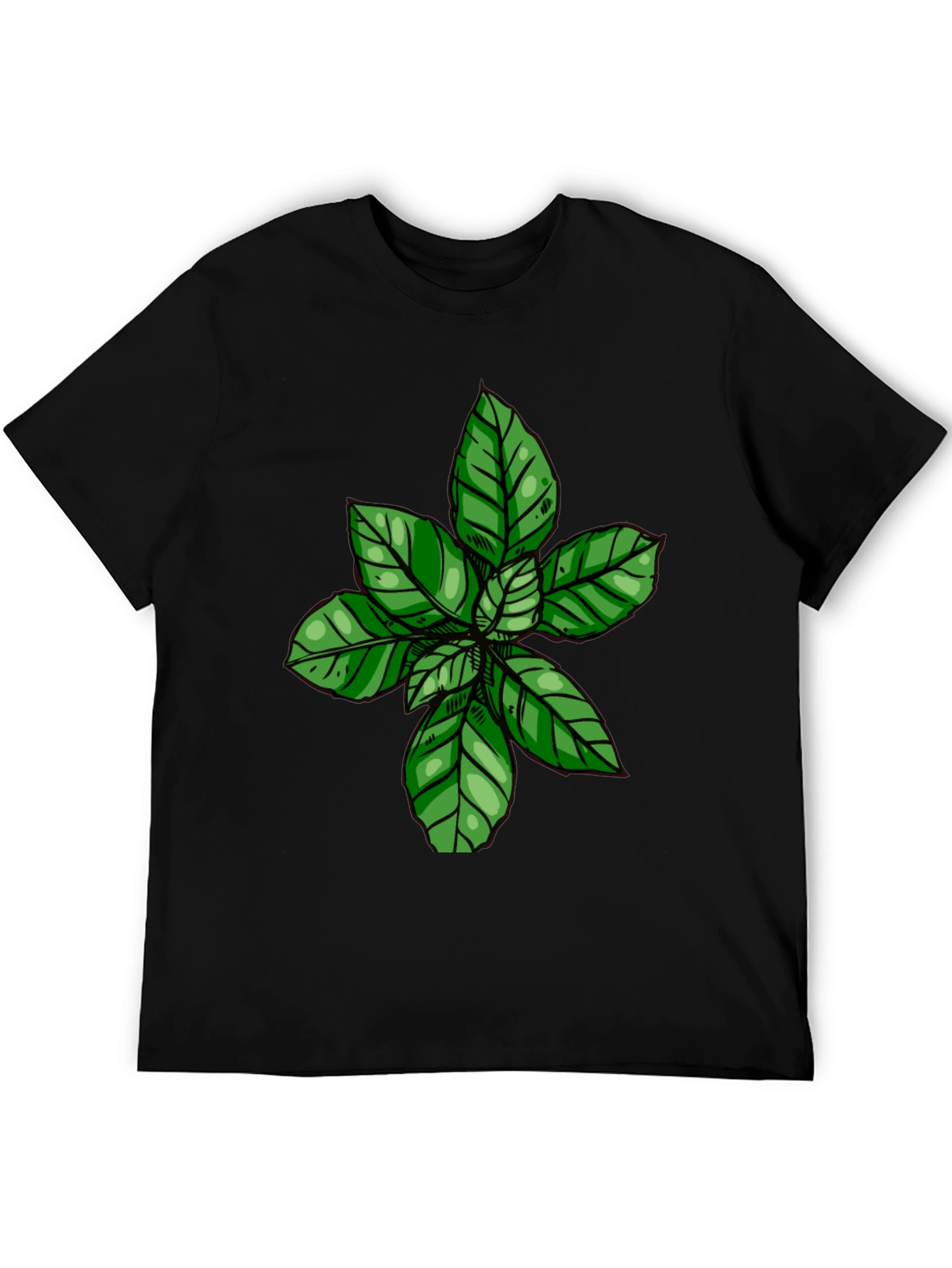 Green Leaf Print Black T-Shirt