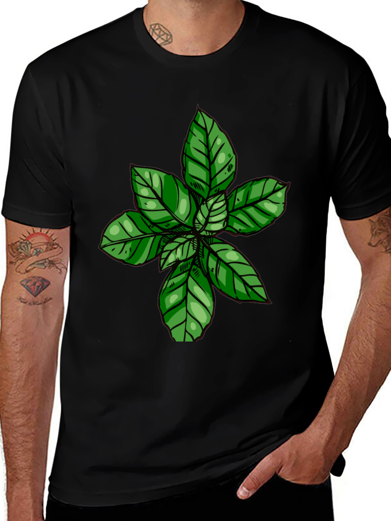 Green Leaf Print Black T-Shirt