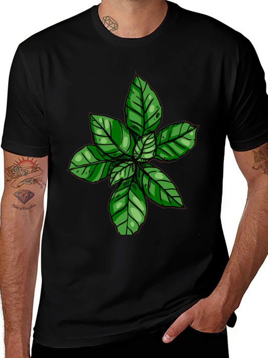 Green Leaf Print Black T-Shirt
