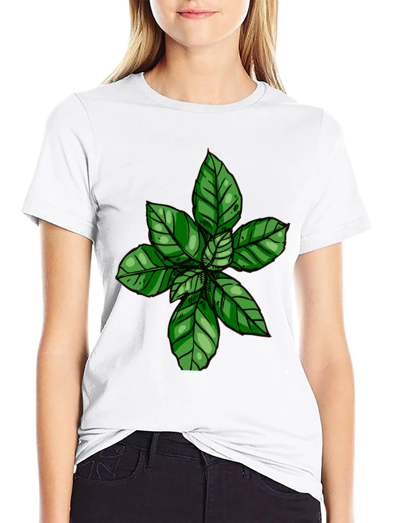Green Leaf Print Black T-Shirt