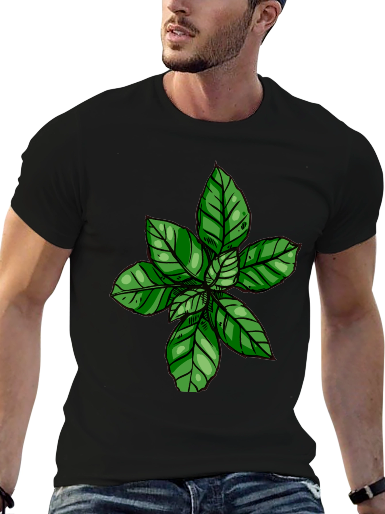 Green Leaf Print Black T-Shirt