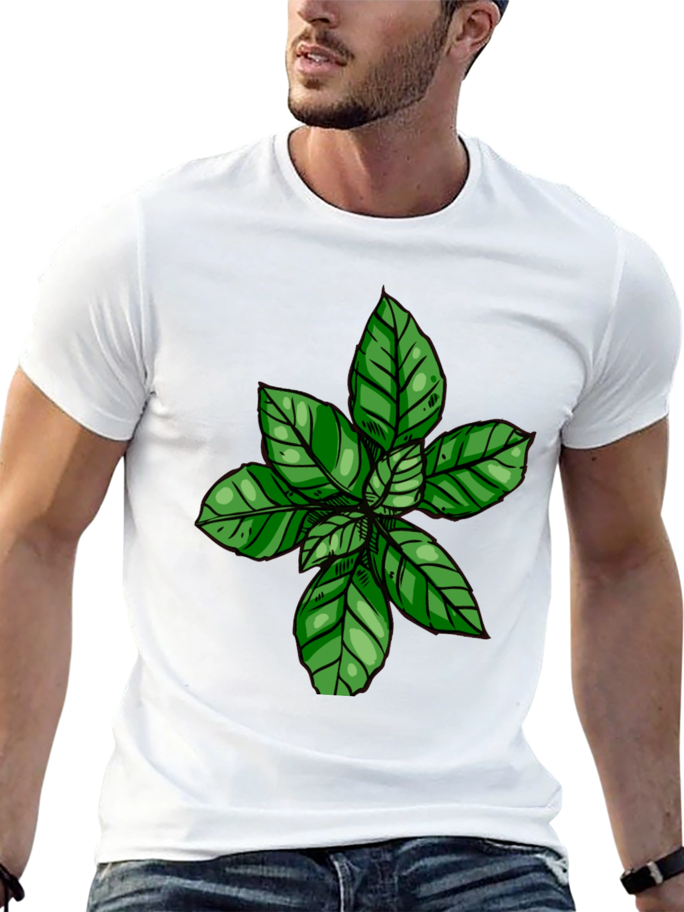 Green Leaf Print Black T-Shirt