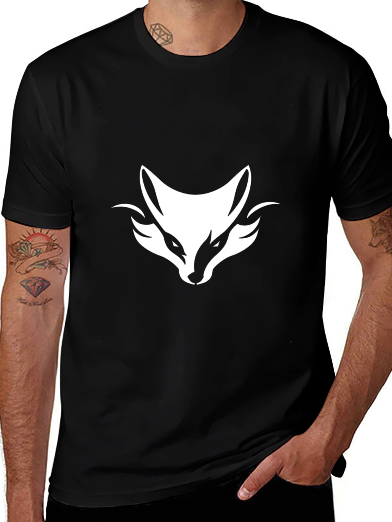 Black T-Shirt with White Fox Head Graphic