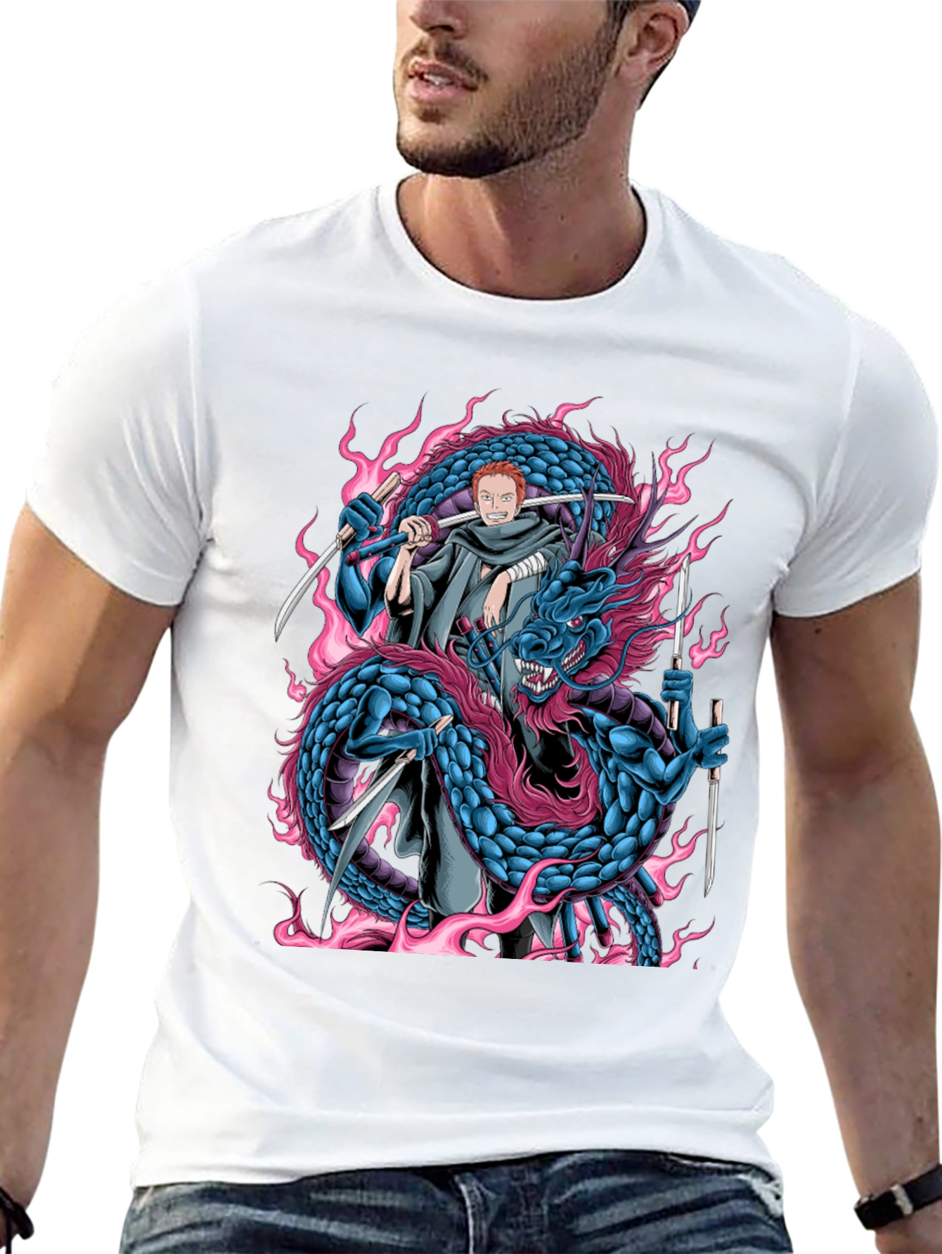 Anime-Inspired Dragon & Swordsman Graphic Tee