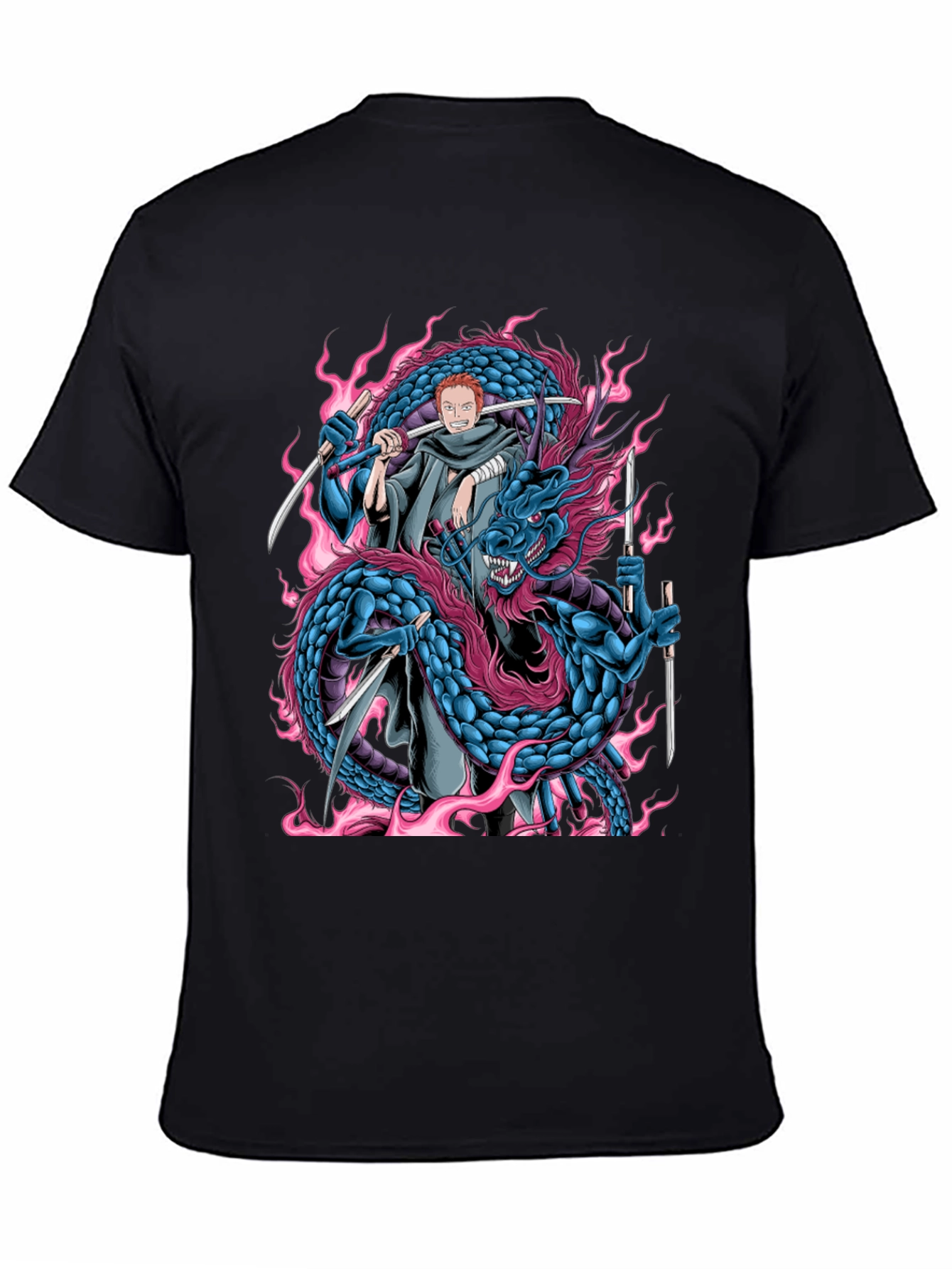 Anime-Inspired Dragon & Swordsman Graphic Tee