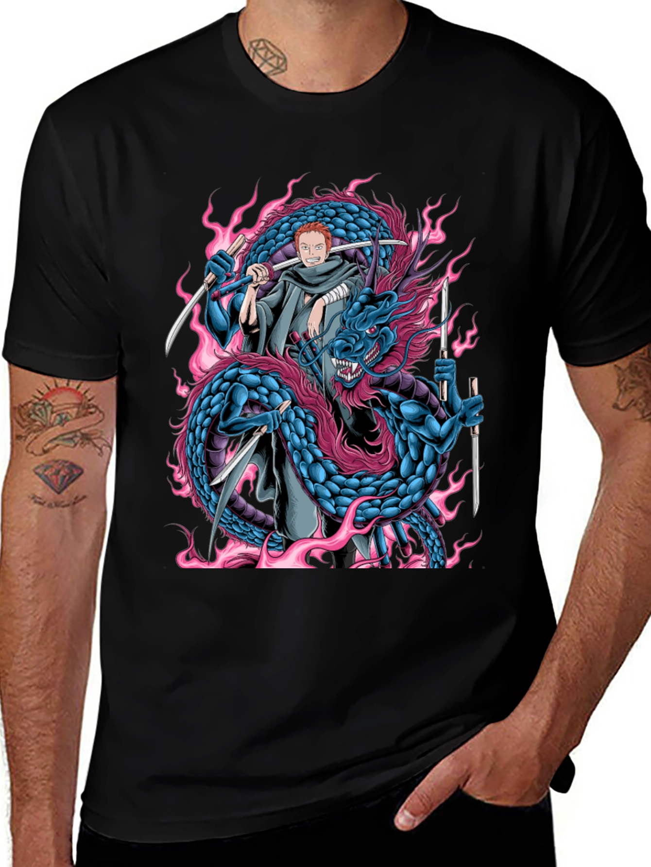 Anime-Inspired Dragon & Swordsman Graphic Tee