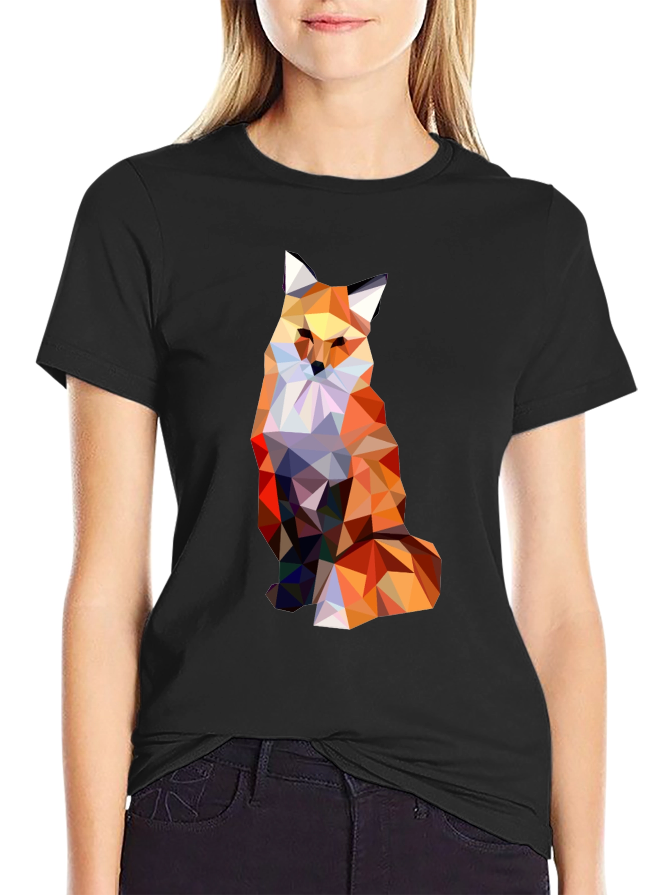 Geometric Fox Graphic Print Black T-Shirt